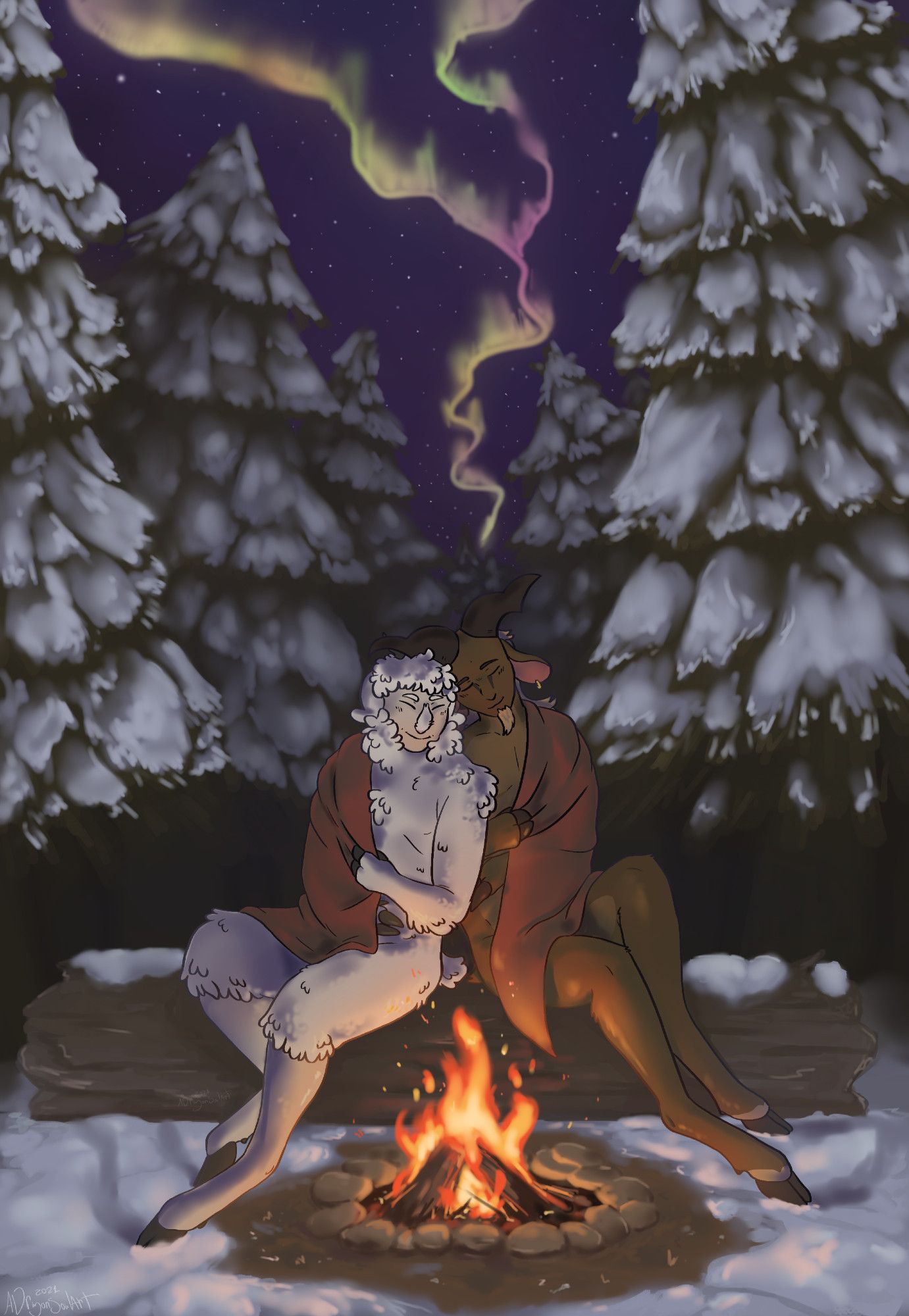 Digital illustration of two anthropromorphic goat like humanoids resting cuddle together on a log by a fire in a pine forest in winter. The atmosphere is cozy with a trail of northern lights in the sky.