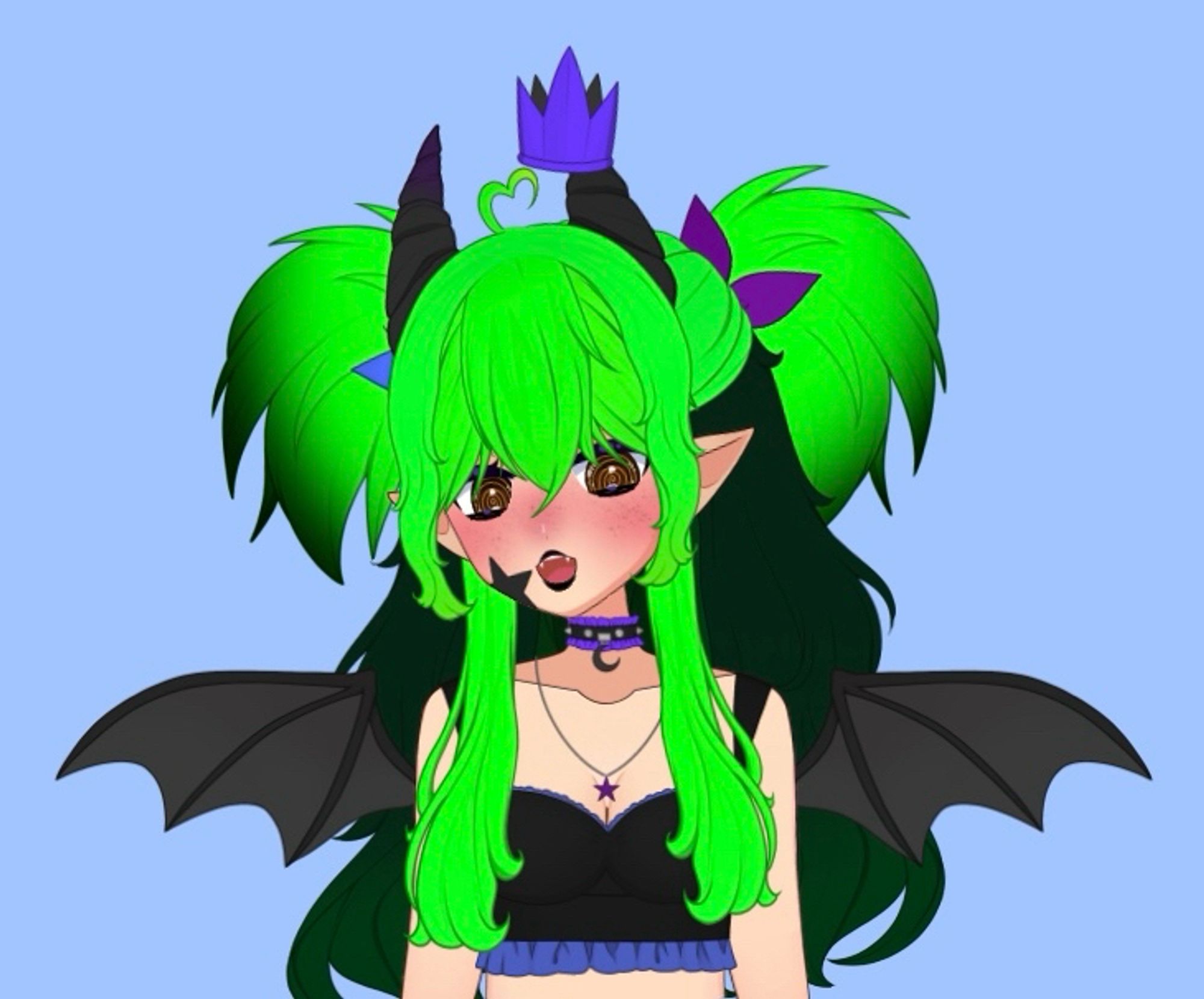 2D vtube model with neon green hair in front and dark green in back. Hair has bangs and half up pigtails. Model has brown eyes, pointed ears, fangs, demon horns, a floating crown, and bat wings. Wearing a cropped tank top, choker, and long necklace.