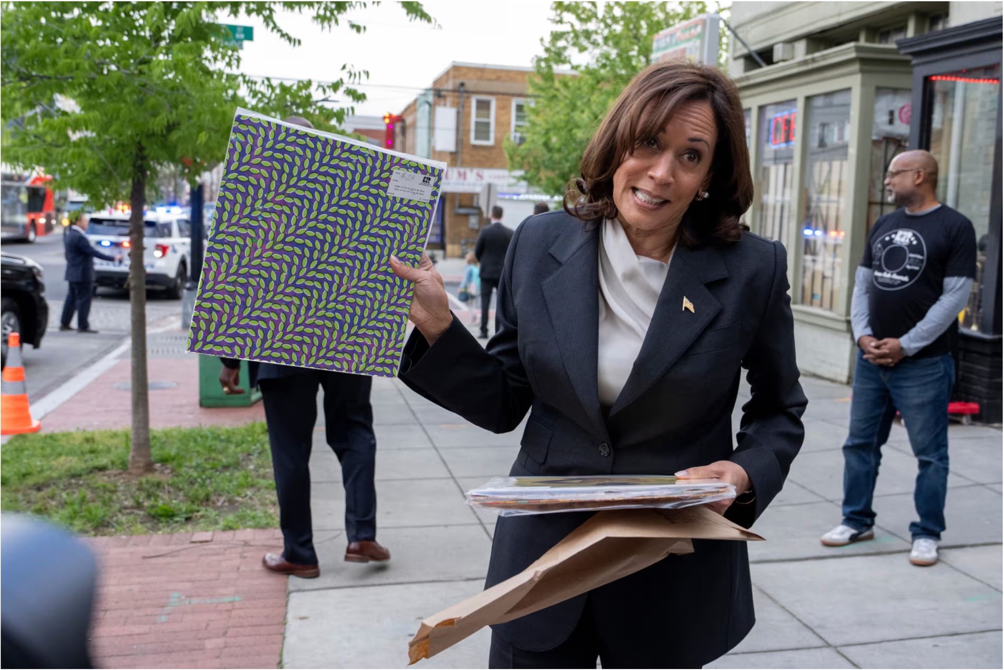 An edited image of Vice President Kamala Harris on a sidewalk in Washington, D.C., appearing to hold (but not in real life holding) the record 'Merriweather Post Pavilion' by Animal Collective.