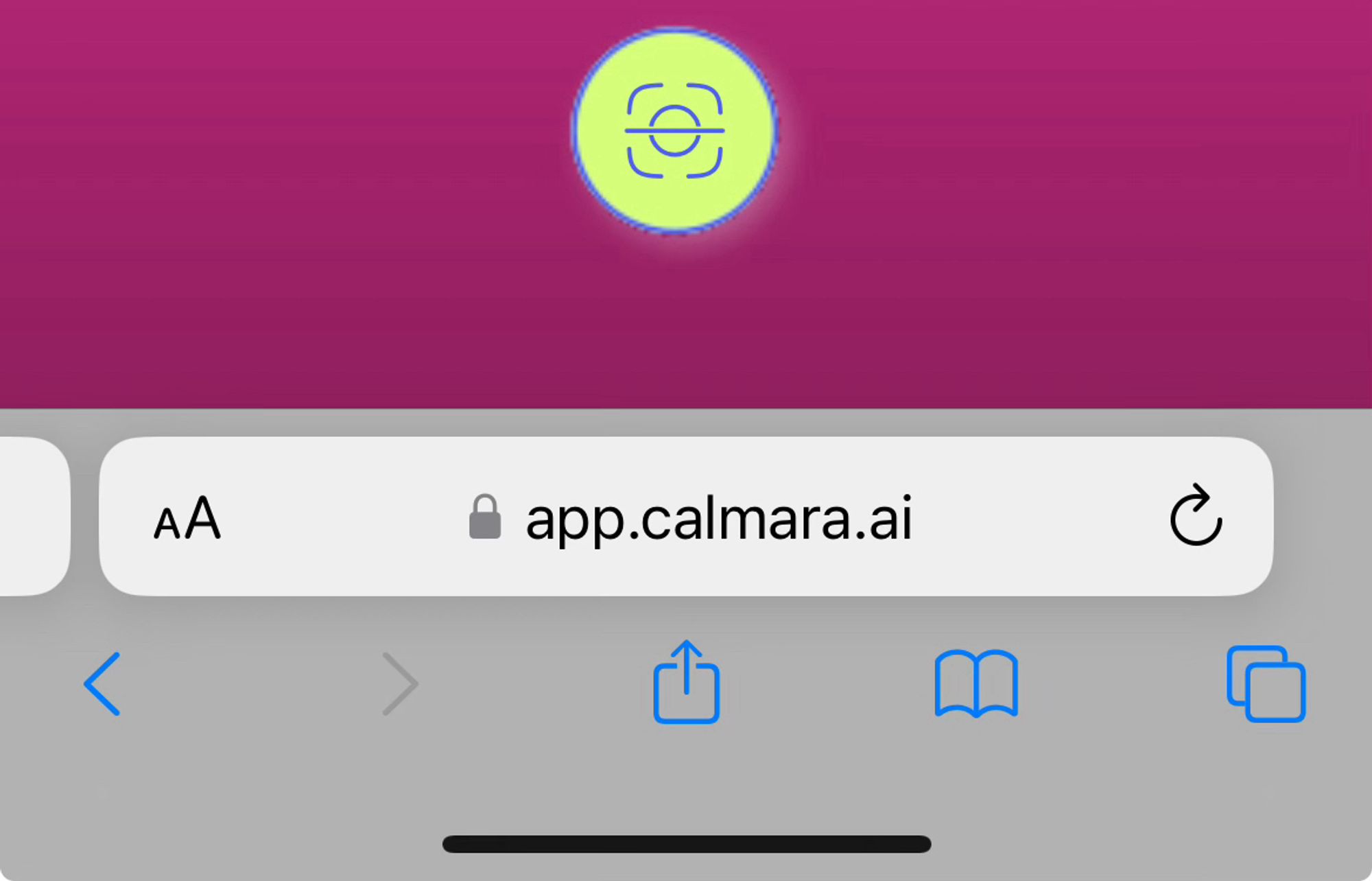 The landing page arrived at upon tapping prompts to try Calmara — displayed in my iOS browser as https://app.calmara.aI/