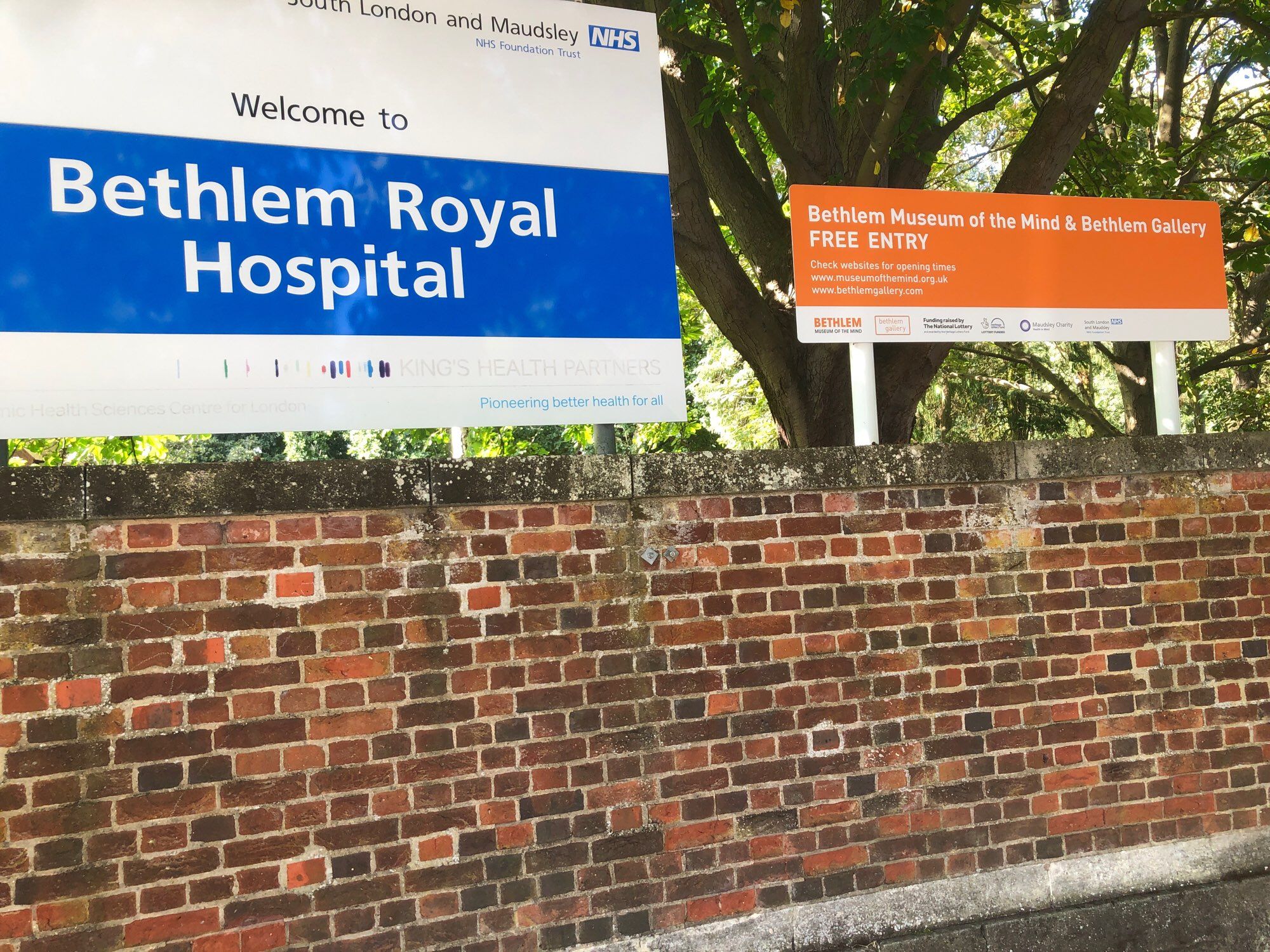 Signs for the Bethlem Royal Hospital and the Museum of the Mind in south London.