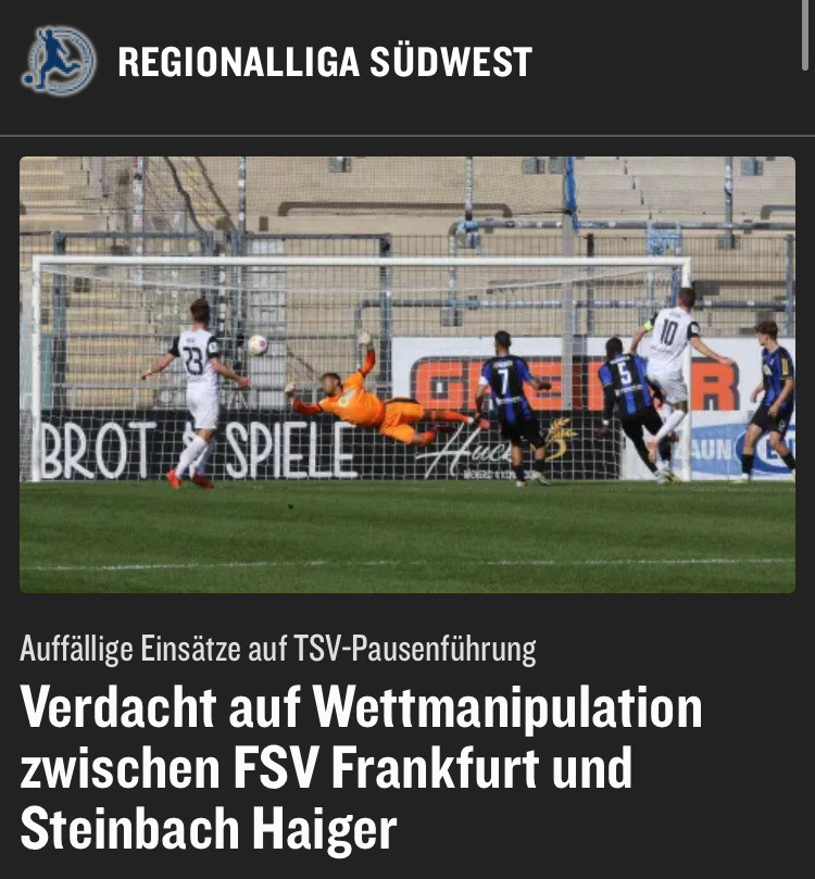 Kicker Screenshot einer Meldung zu Verdacht auf wettmanipulation in der verfickten Regio Südwest