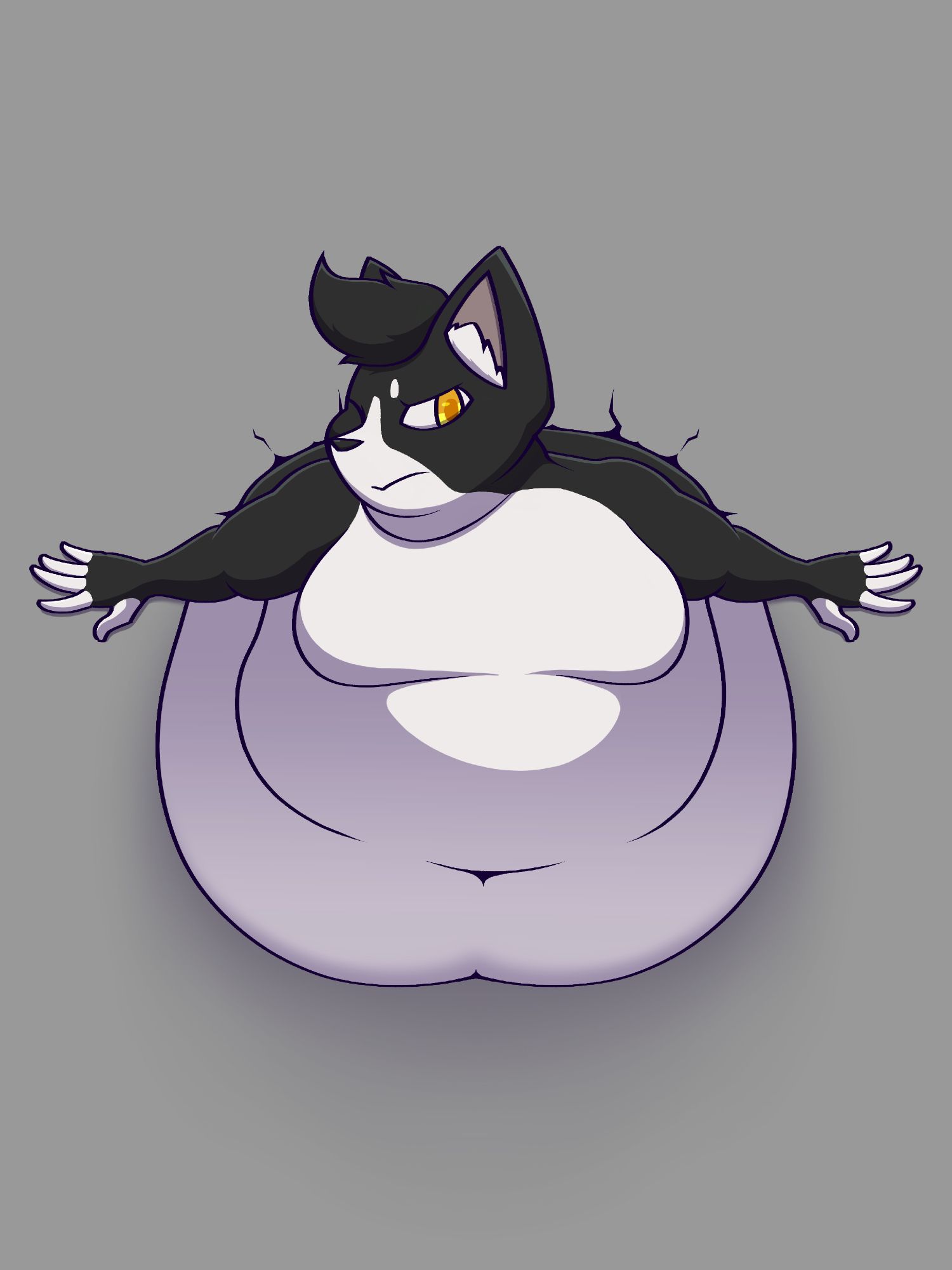 An obese anthro tuxedo cat (Tommy) stuck in a wall viewed from the front-on, their hands pushing against the wall as if to free themselves.