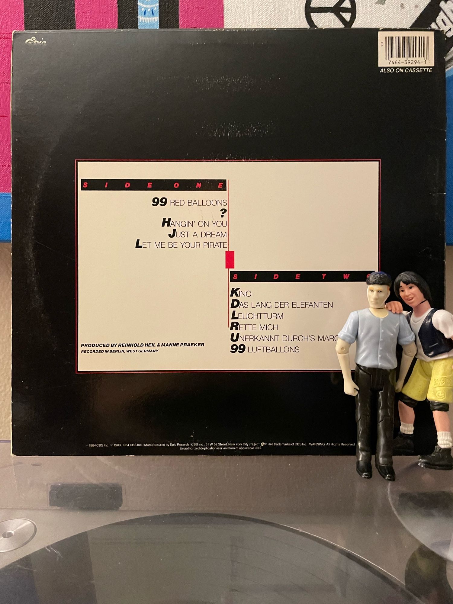 The back of Nena’s 99Luftballons LP showing five songs recorded in English on side one and six songs recorded in German on side two.