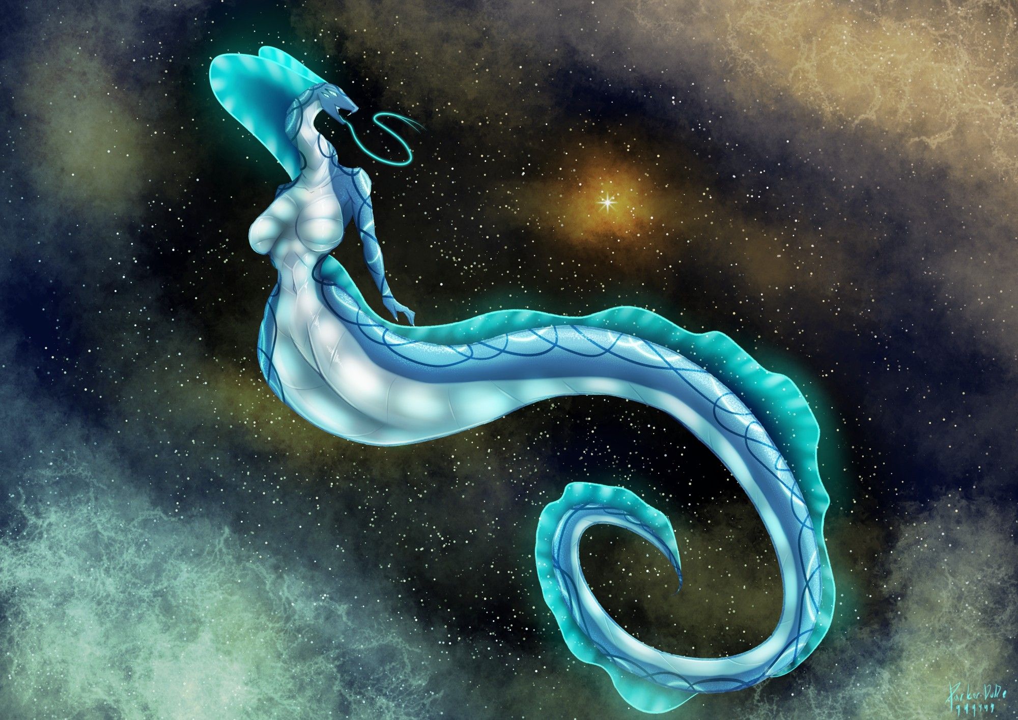 Character Design Comm I completed of a giant glowing snake goddess drifting through space.