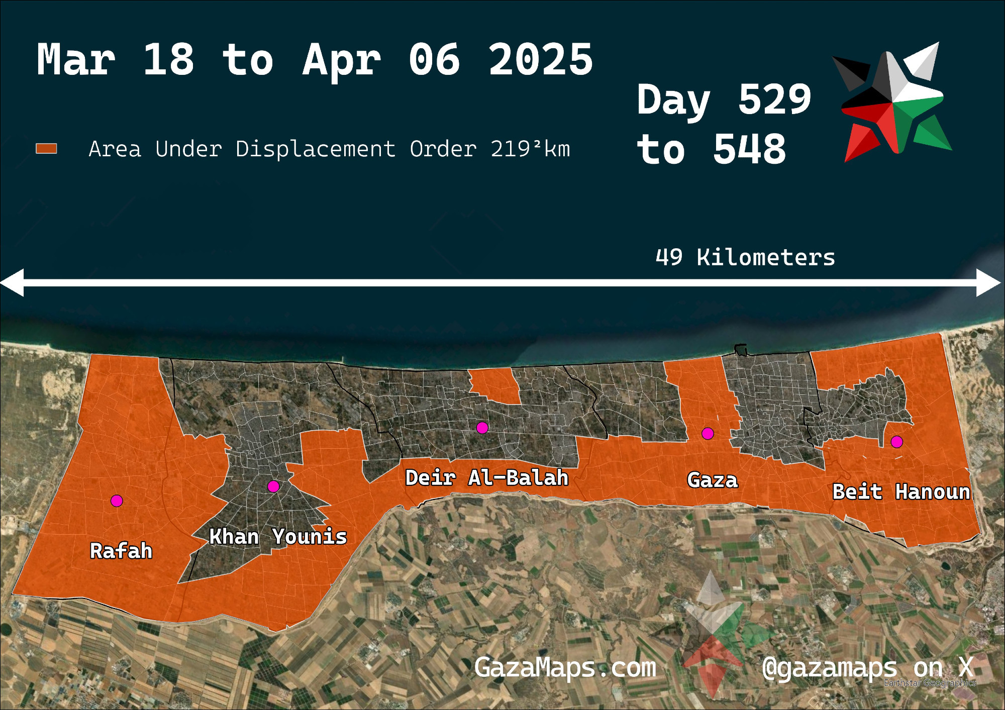 Map of Gaza with the areas under forced displacement colored in. The colored in areas are 60% of Gaza's territory.