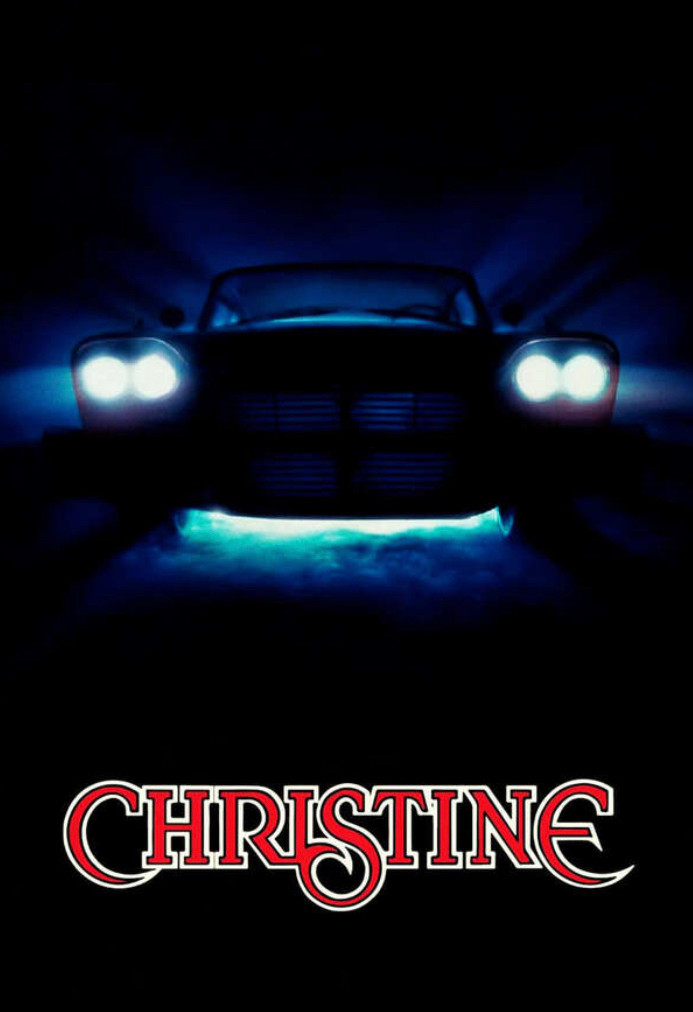 Christine Movie Poster. An empty car sits in the dark with its headlights on and ominous fog surrounds it.