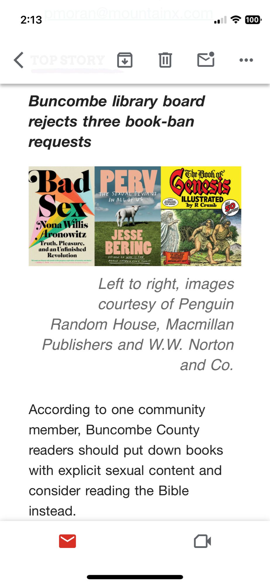 Screenshot from email newsletter of an independent newspaper in NC stating that the local county public library rejected three recent book ban requests