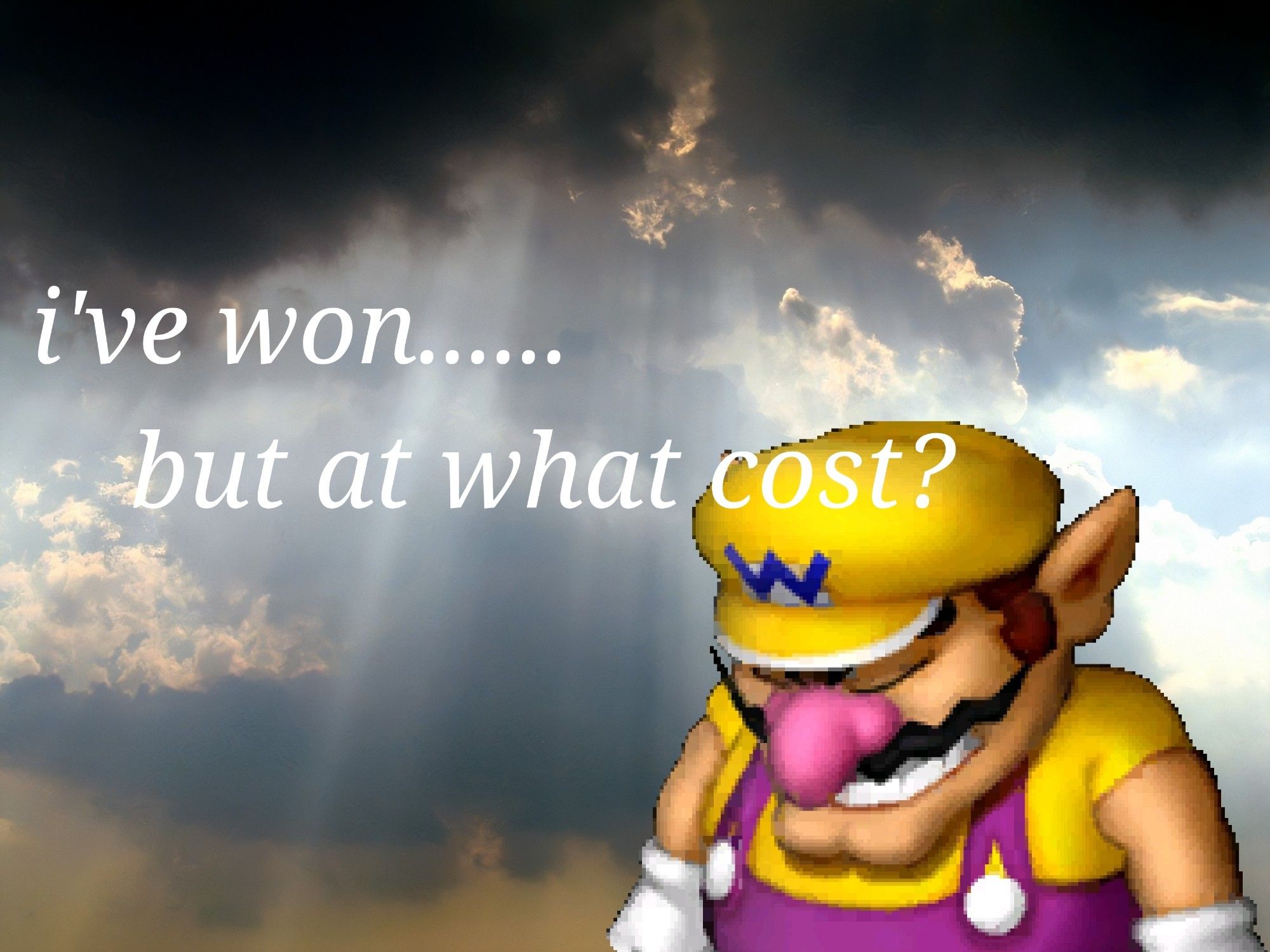 Meme I've won but at what cost avec Wario triste devant un ciel nuageux