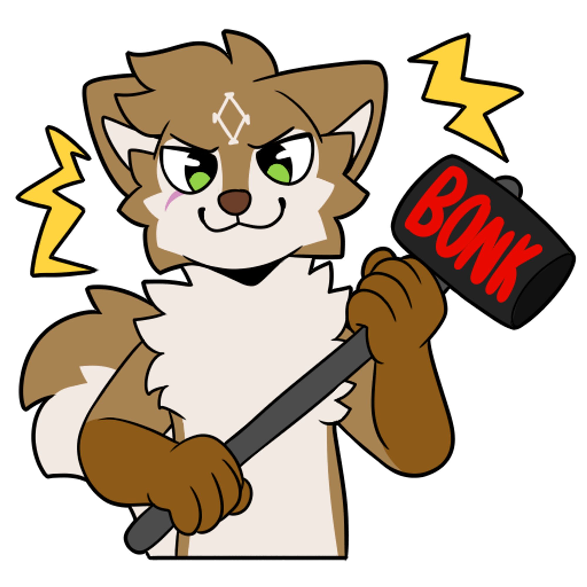 A smirking dingo holding a mallet with the word "BONK" emblazened on it.