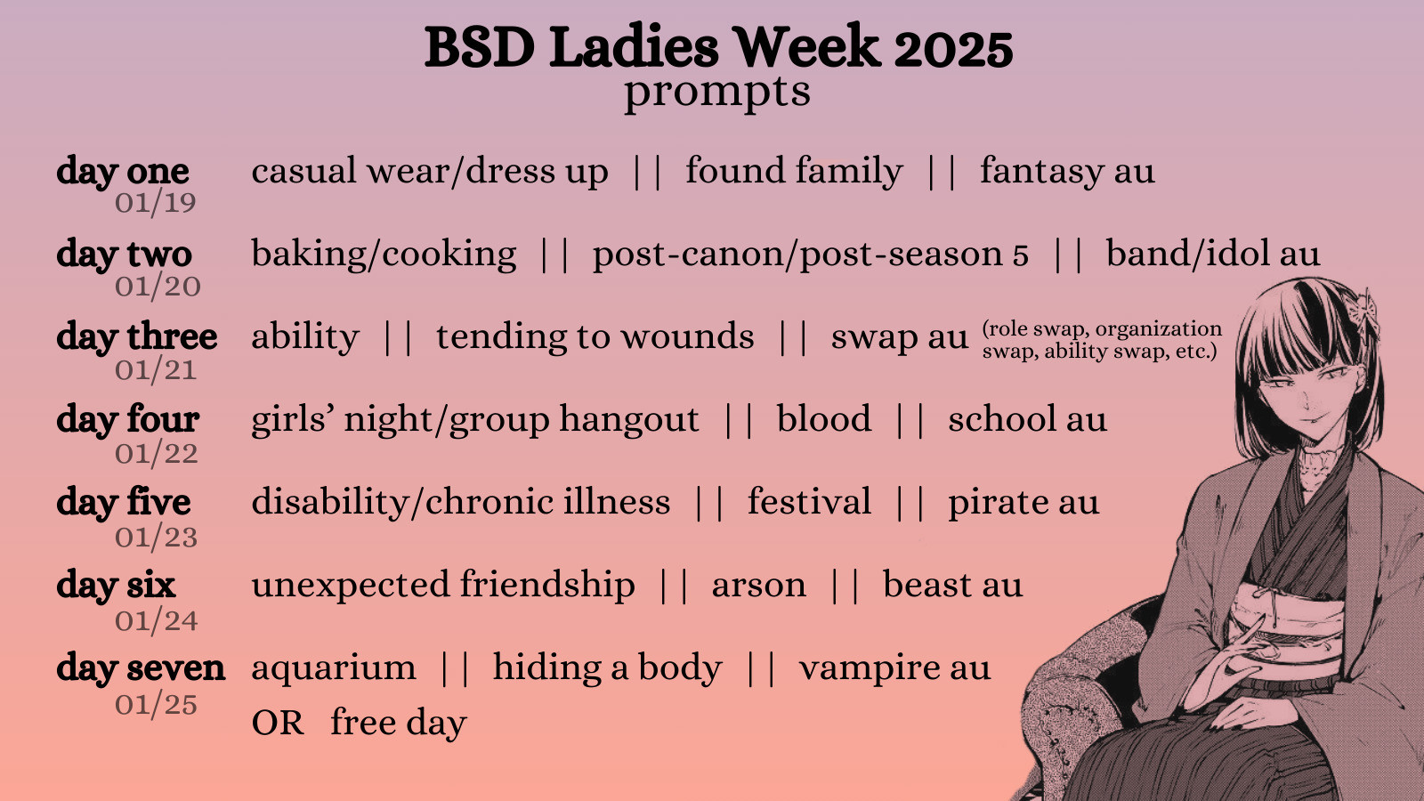 a graphic displaying the BSD Ladies week 2025 prompts. there is an illustration of Yosano from the manga in the bottom right. the prompts are:

day one (01/19): casual wear/dress up || found family || fantasy au
day two (01/20): baking/cooking || post-canon/post-season 5 || band/idol au
day three (01/21): ability || tending to wounds || swap au (role swap, organization swap, ability swap, etc.)
day four (01/22): girls’ night/group hangout || blood || school au
day five (01/23): disability/chronic illness || festival || pirate au
day six (01/24): unexpected friendship || arson || beast au
day seven (01/25): aquarium || hiding a body || vampire au OR free day