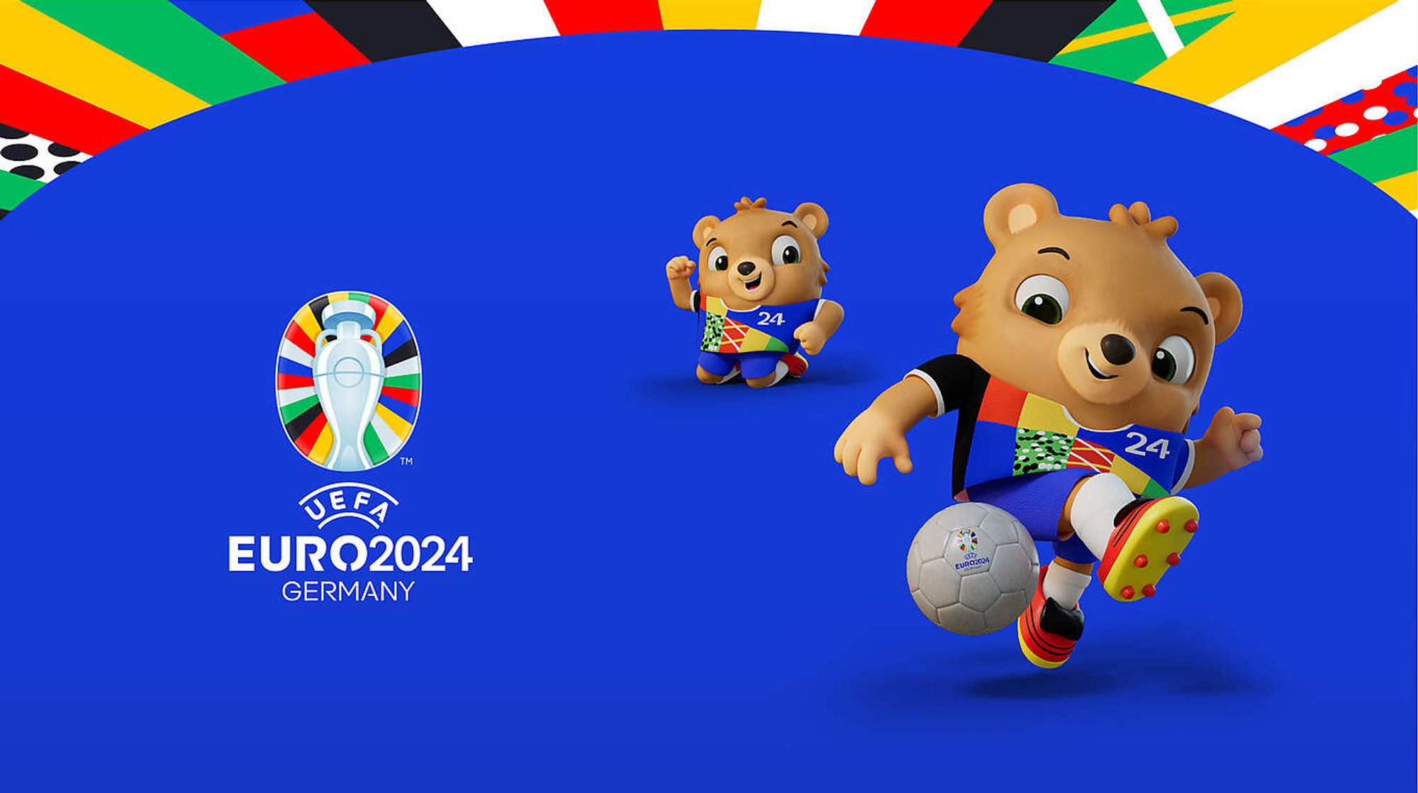 A blue background with a top border made up of national European flags. In the middle the UEFA Euro 2024 Germany logo sits next to the tournament mascot, a footballing brown bear wearing a kit similar to the image's border.