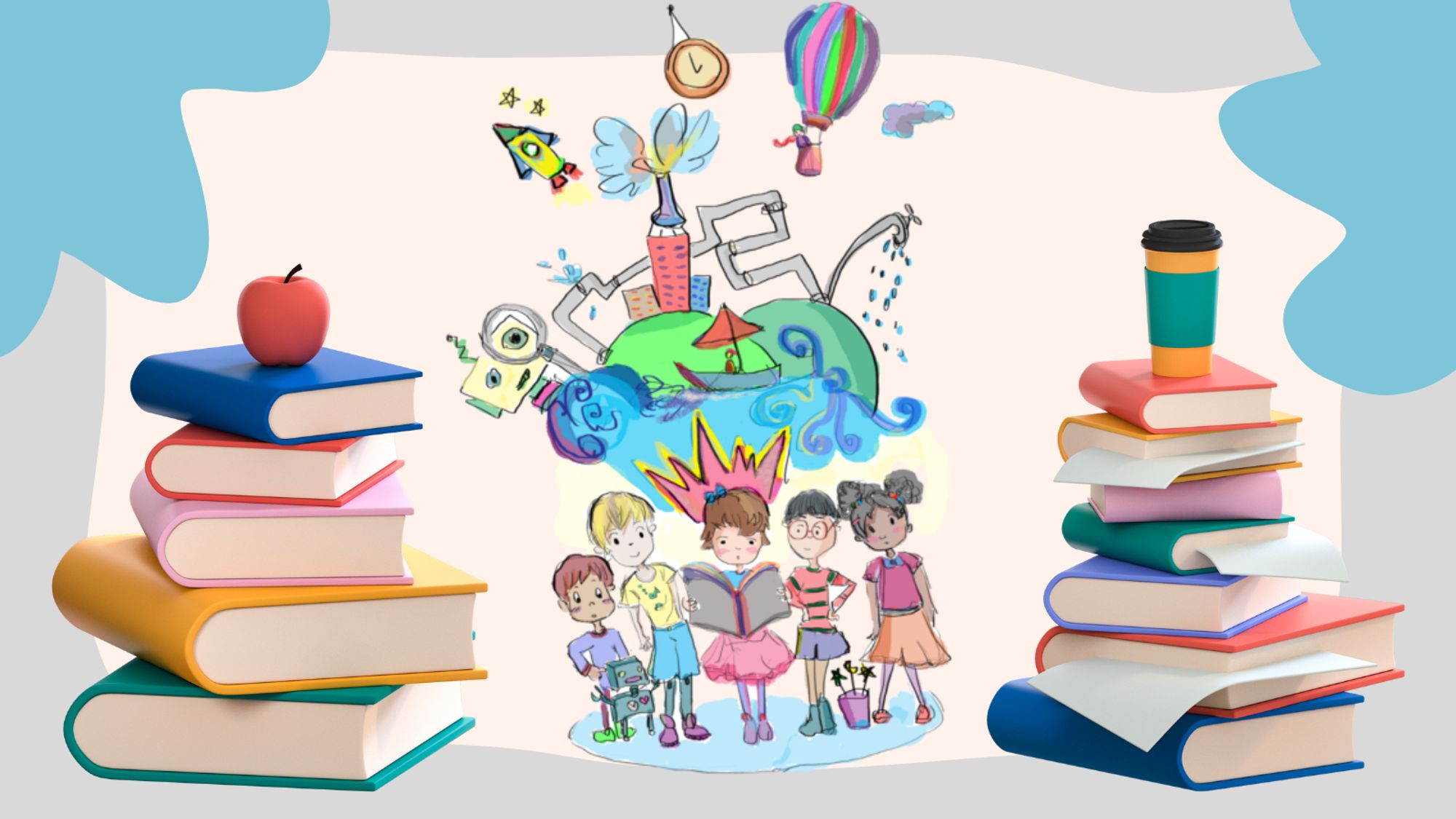 A colourful image where five multicultural kids are enjoying a book which is spiking their imagination, shown via elements like rockets, hot air balloons and robots coming being imagined above their heads. 

They are flanked by two stacks of multicoloured books on either side of them.