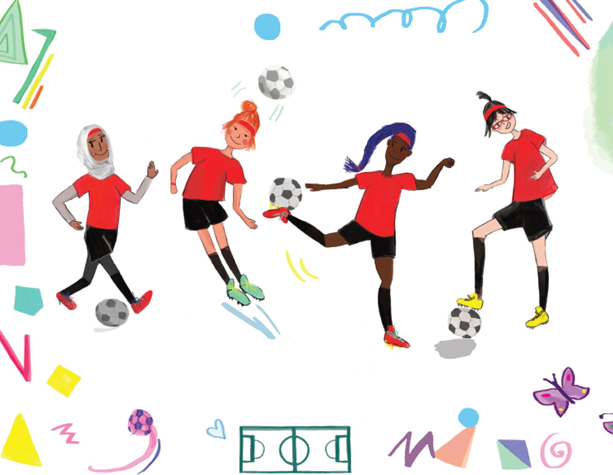 Four footballers practicing their skills against a white background with elements around them including a pitch diagram, a butterfly and colourful shapes.