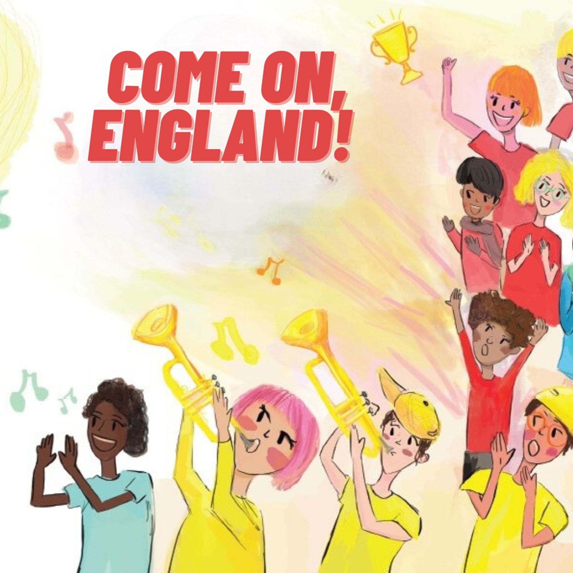 An image of a football crowd and crowd band, cheering on their team, with the text: Come on, England!