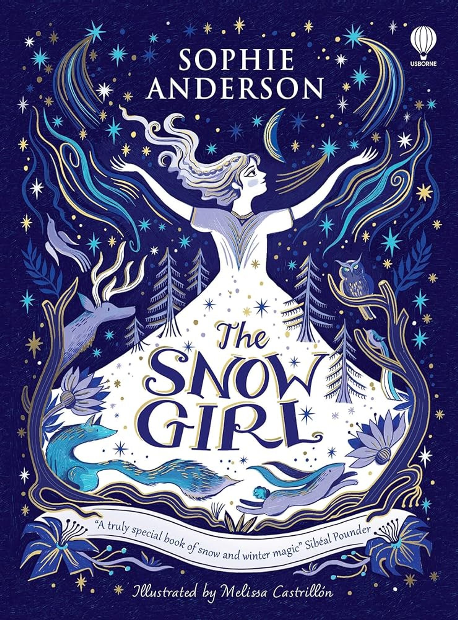 The blue and white cover of The Snow Girl, showing the titular character casting magic into the sky