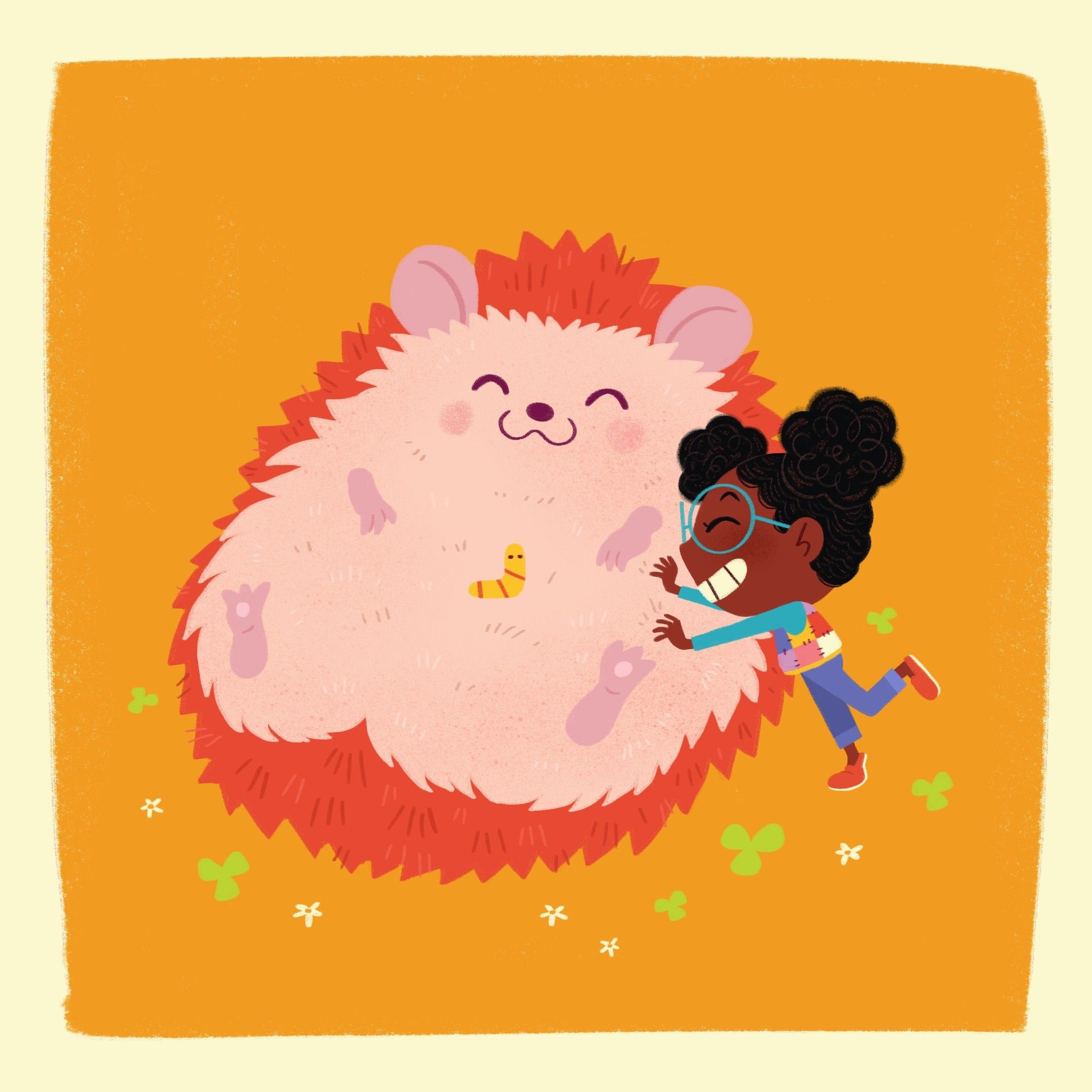 An illustration of a girl petting a giant hedgehog