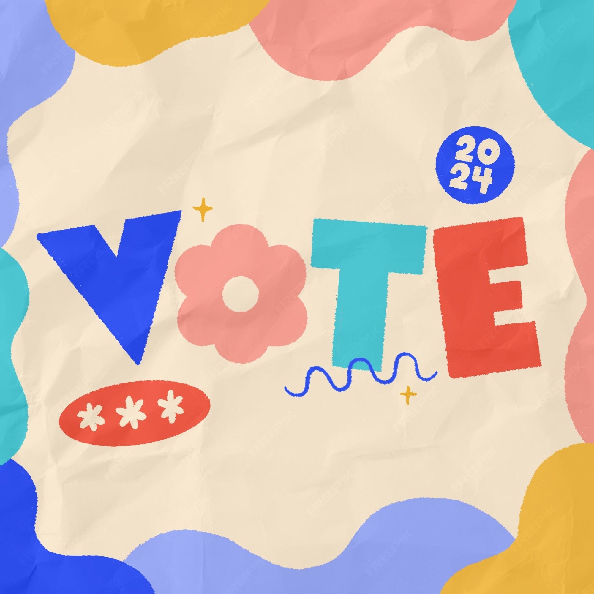 An illustration that says "vote" with colorful bloops and doodles