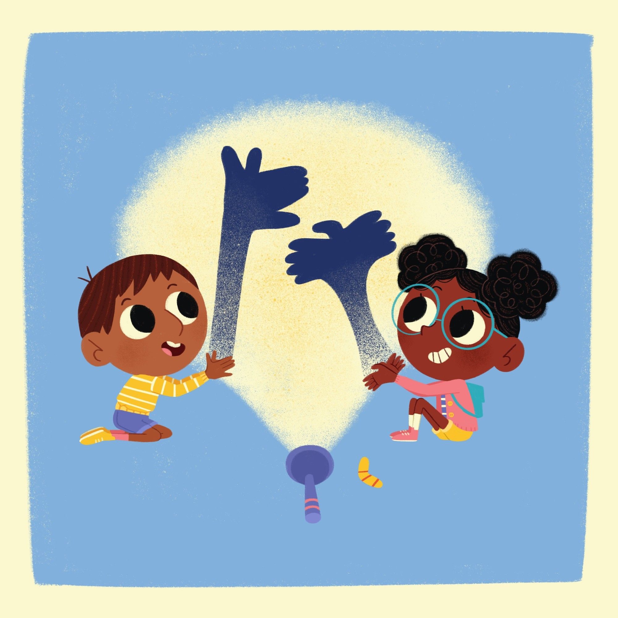 An illustration of two kids doing shadow puppets