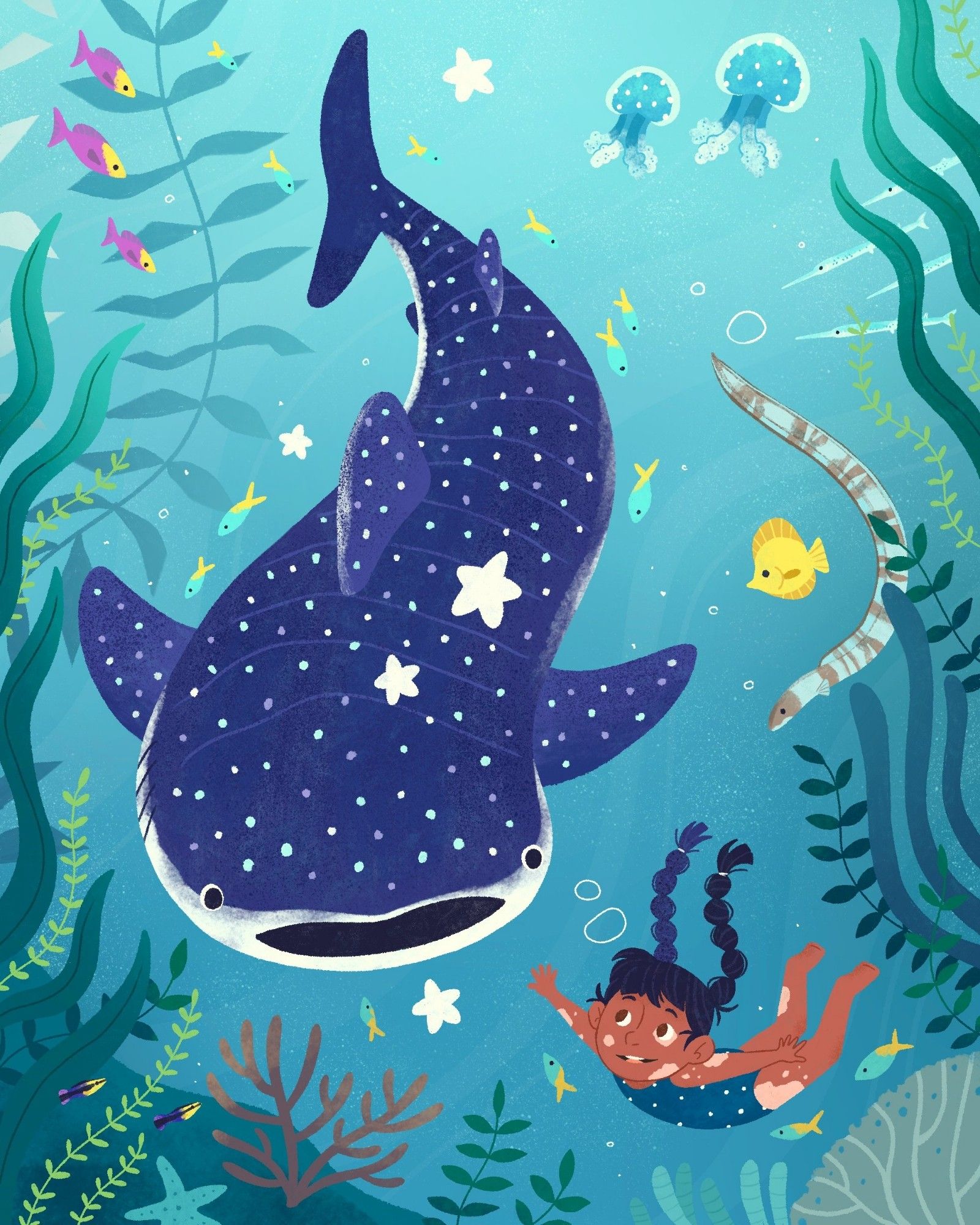 Illustration of a girl swimming underwater with a whaleshark. Seaweed, coral, and various other fish are included