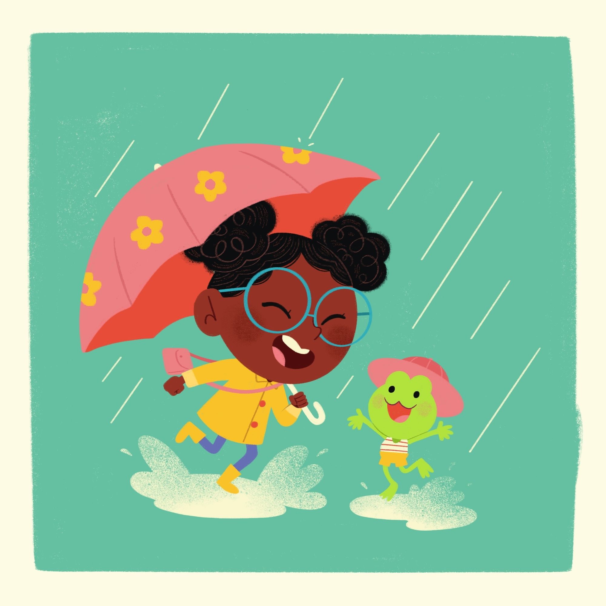 An illustration of a girl and a frog playing in puddles in the rain