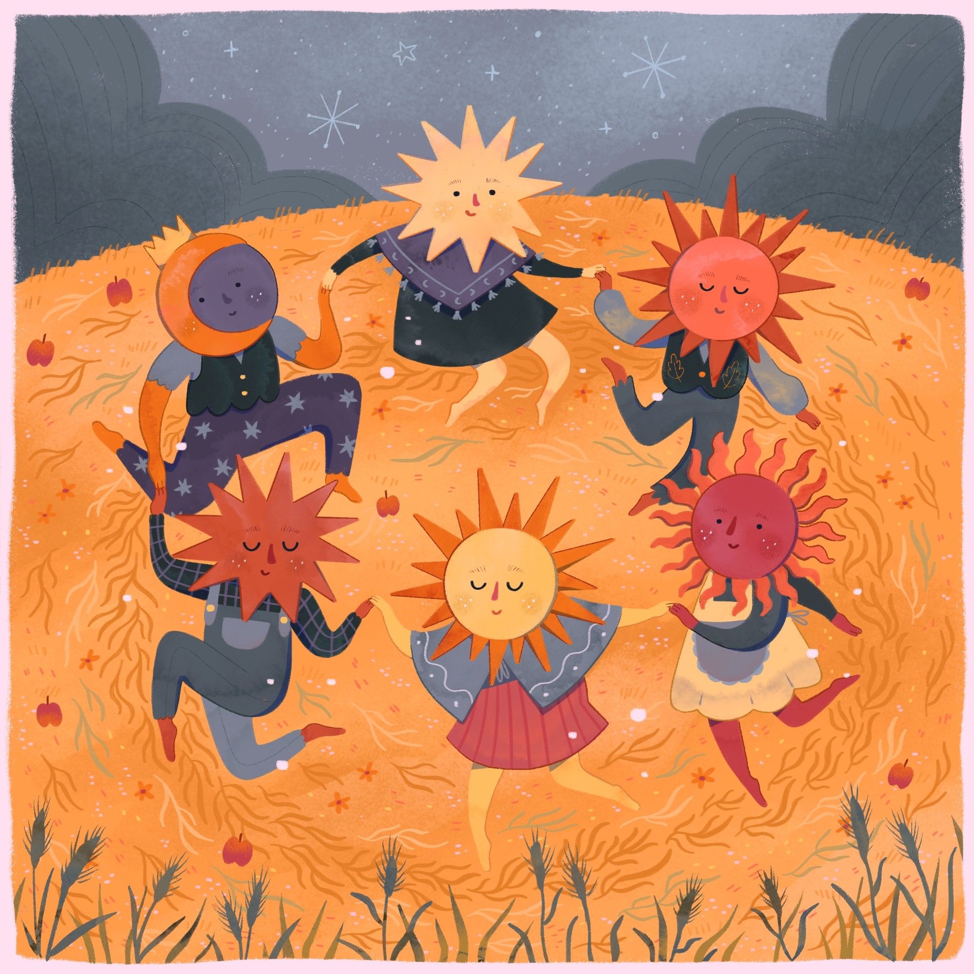 Illustration of suns, the moon, and stars dancing in a circle on a golden hill