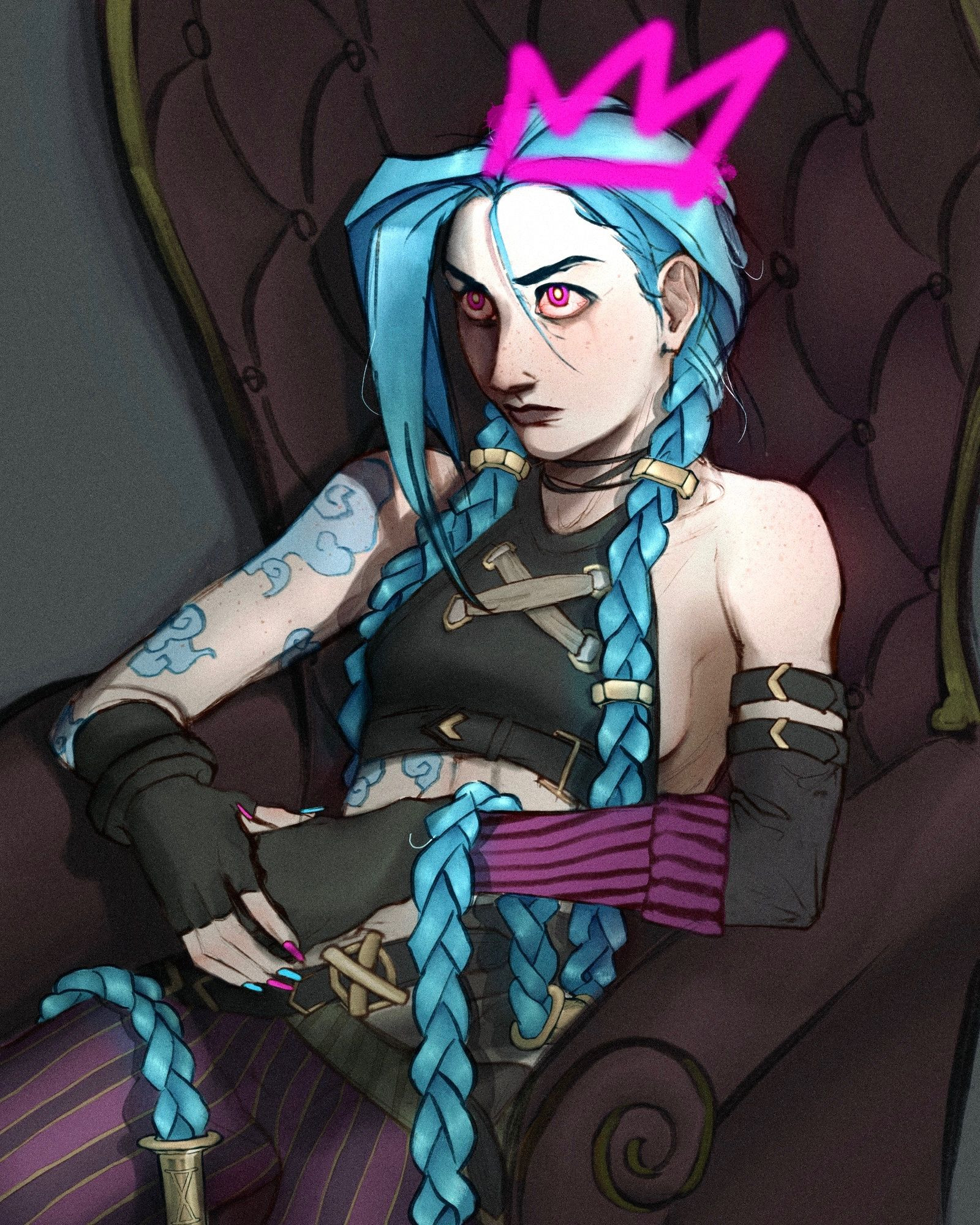 Fanart of jinx sitting on a throne