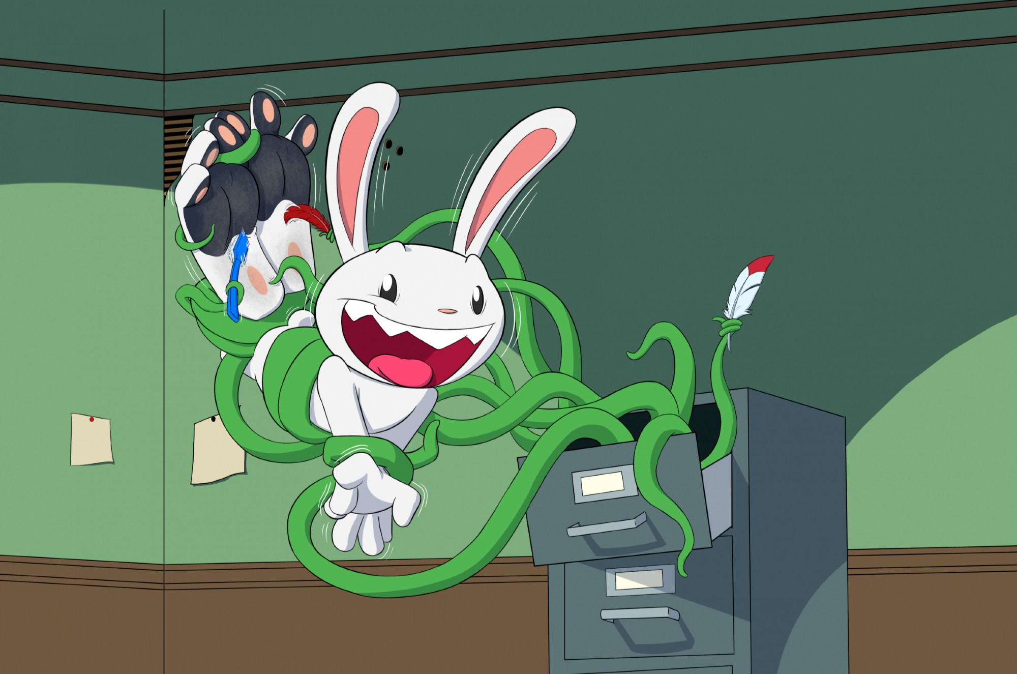 Max from the Sam & Max series being held by green tentacles and tickling his rabbit paws