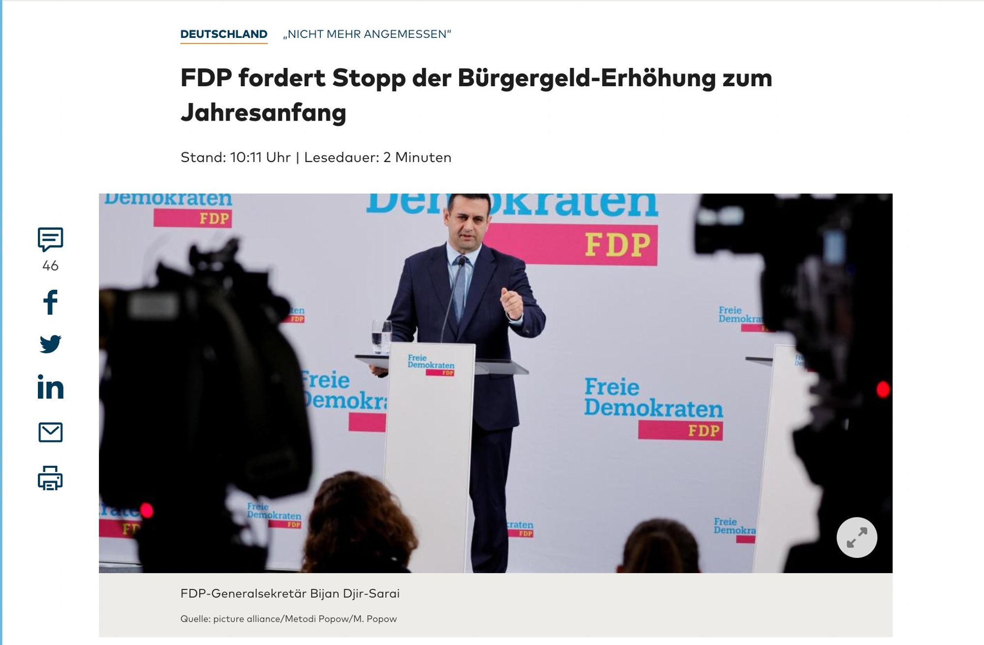 Screenshot aus einem Artikel in der Tageszeitung Die WELT. Der Titel lautet: "FDP fordert Stopp der Bürgergeld-Erhöhung zum Jahresanfang".