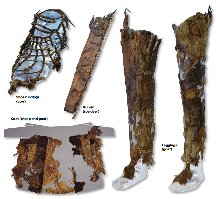 circa 1400 - 1100 BCE Some of the clothing found with "Ötzi the iceman", whose mummified body was discovered on a melting Italian glacier in 1991. They include footed leggings made of goat skin, a coat made of patched together goat and sheep skin, netted shoe bindings made of cowhide, and a leather quiver made from roe deer leather.