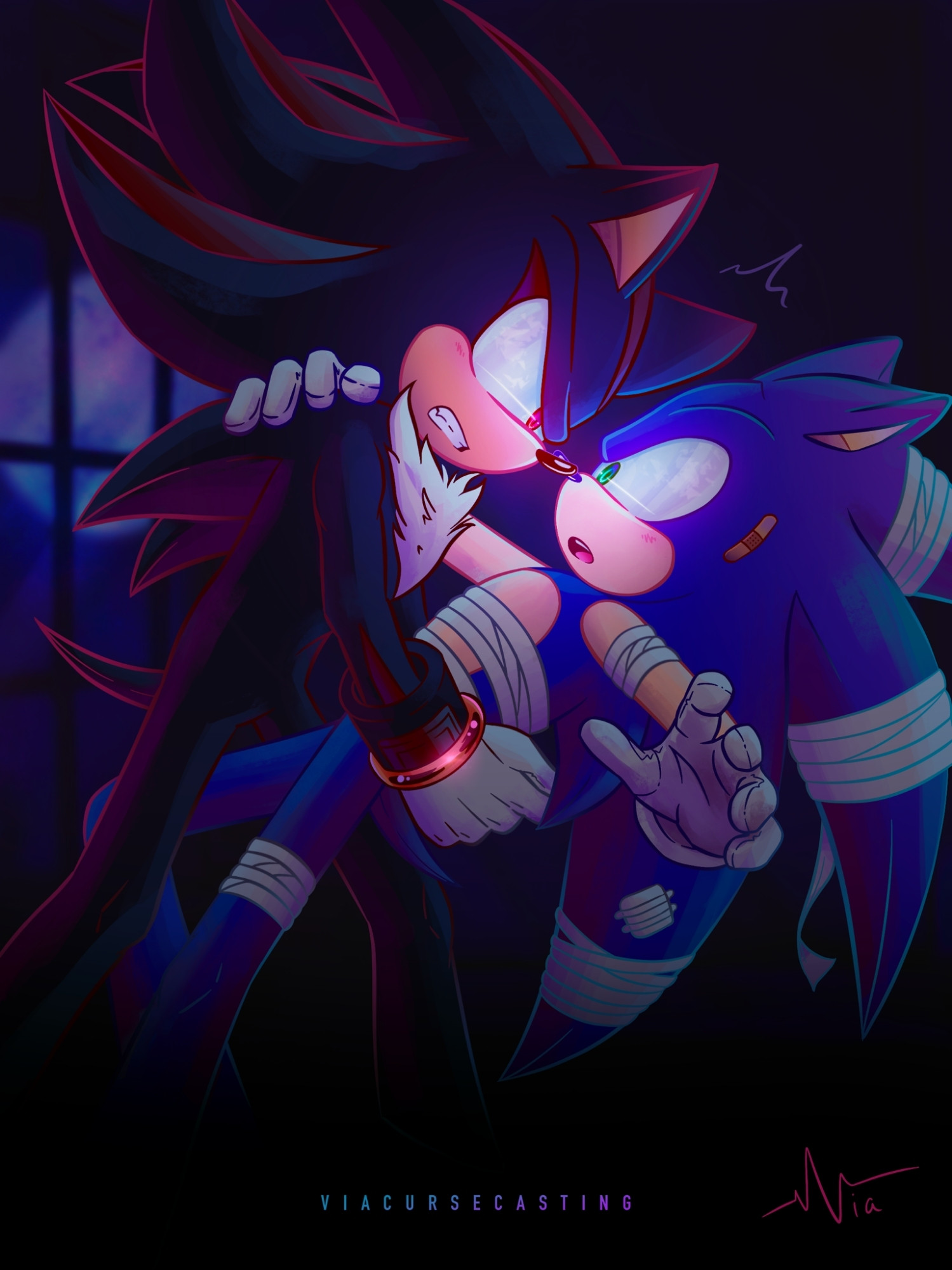 Shadow catching an injured Sonic, who looks slightly surprised