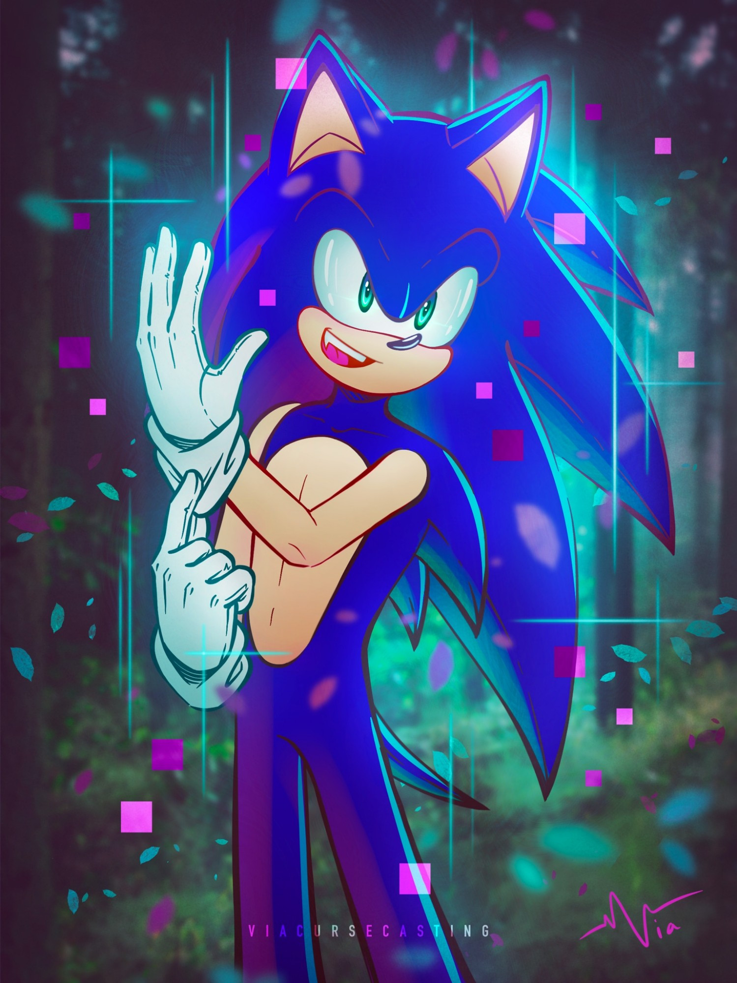 Sonic tugs his glove as he stands against scenery inspired by Frontiers