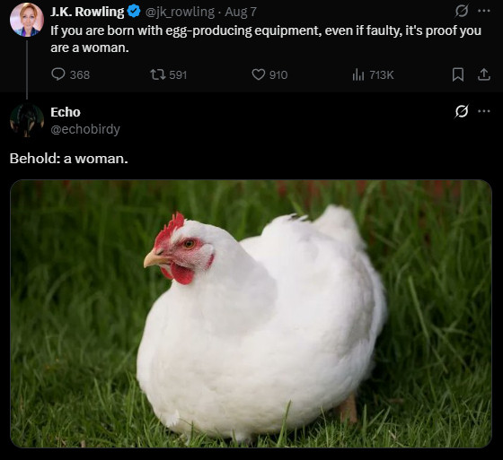 J.K. Rowling:
"If you are born with egg-producing equipment, even if faulty, it's proof you are a woman."

Echo:
"Behold: a woman."
It's a picture of a hen.