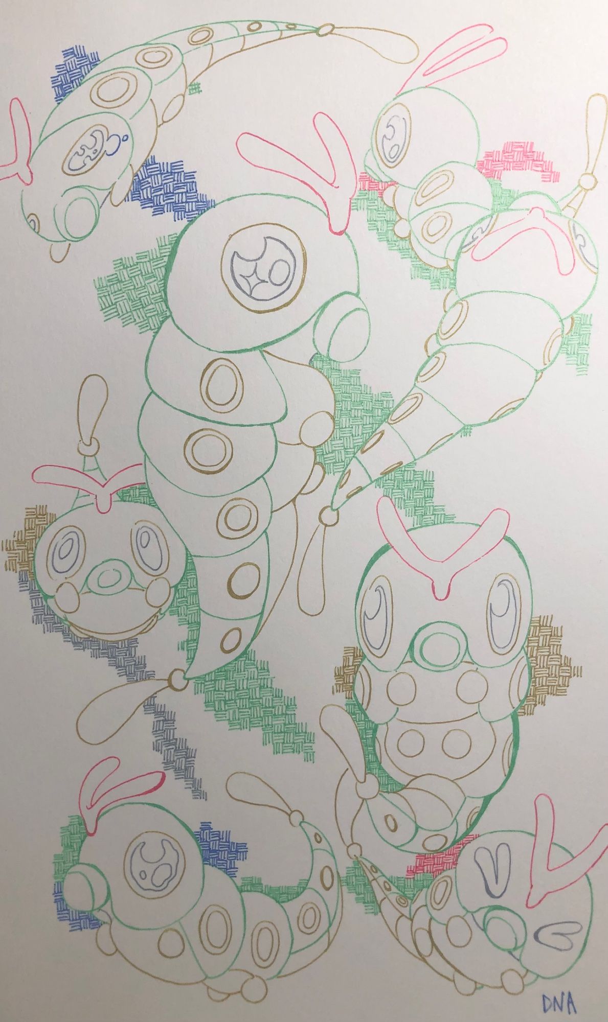 A 5 color pen drawing of a few Caterpies with some background pattern work.