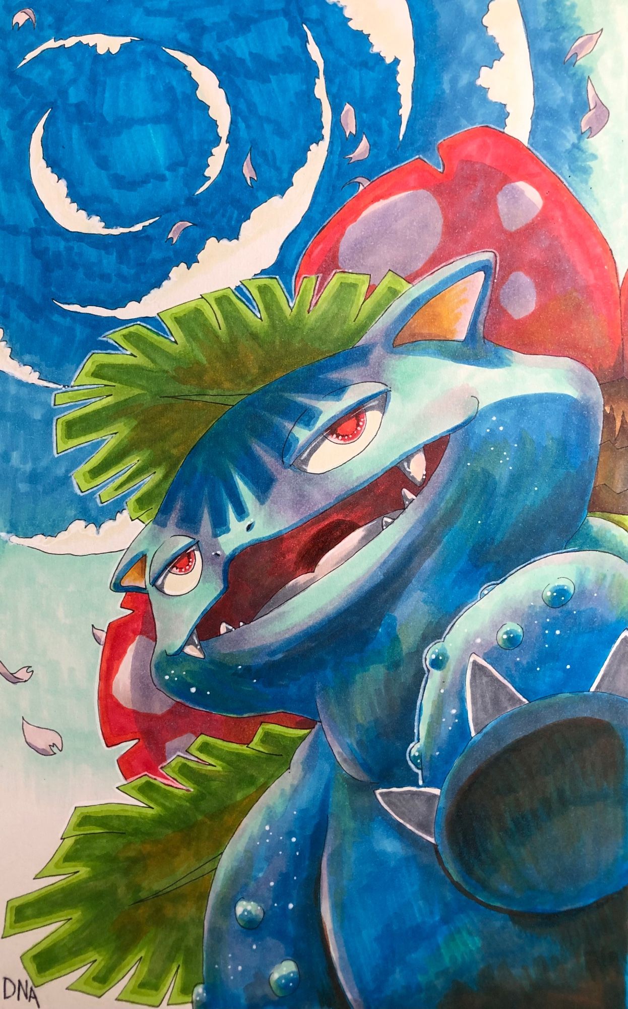 A copic marker doodle of a Venusaur viewed from a low angle. Petals are blowing in the sky above with a few clouds.