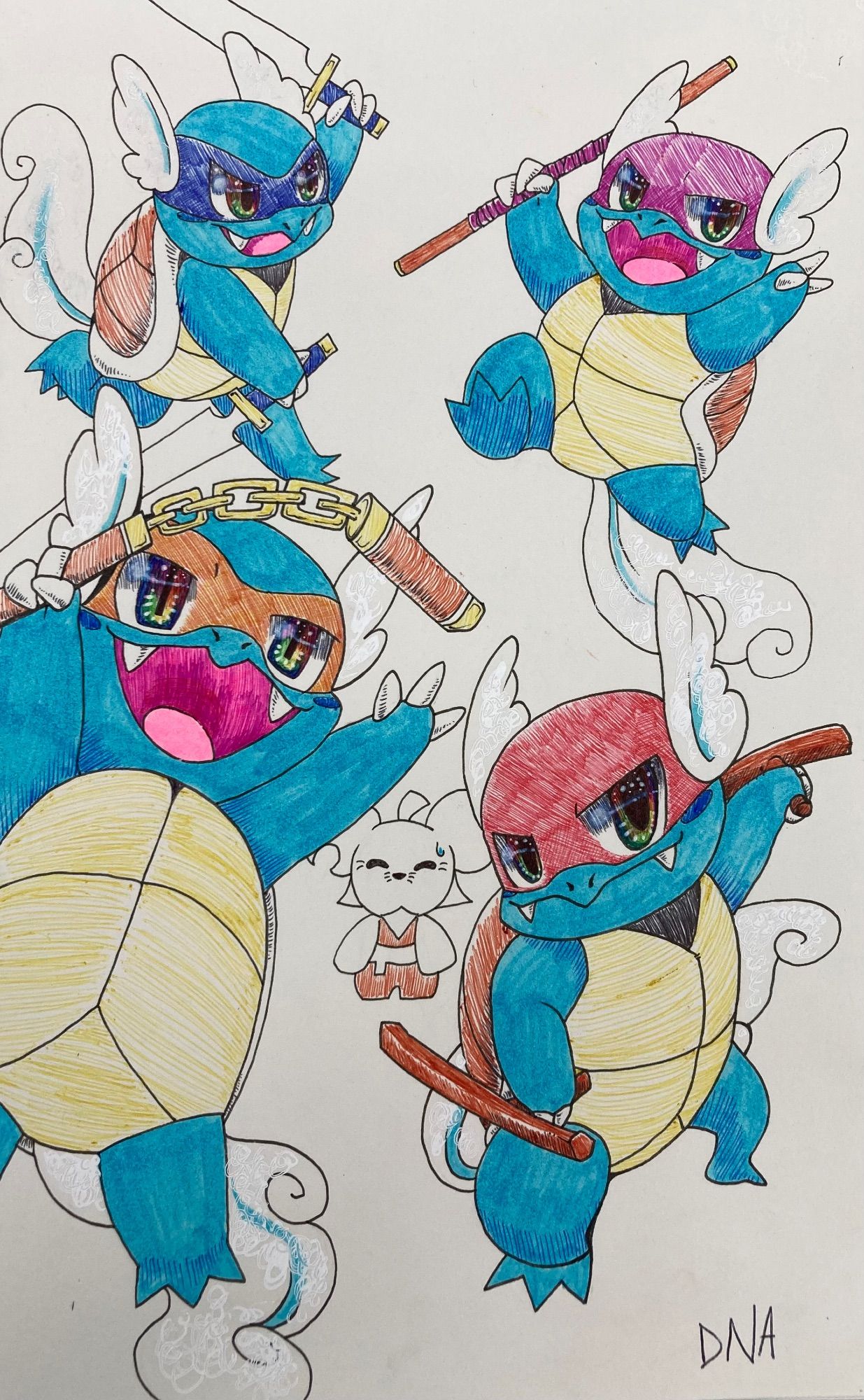 A drawing of a Maushold’s unique family of four teenage ninja Wartortles.