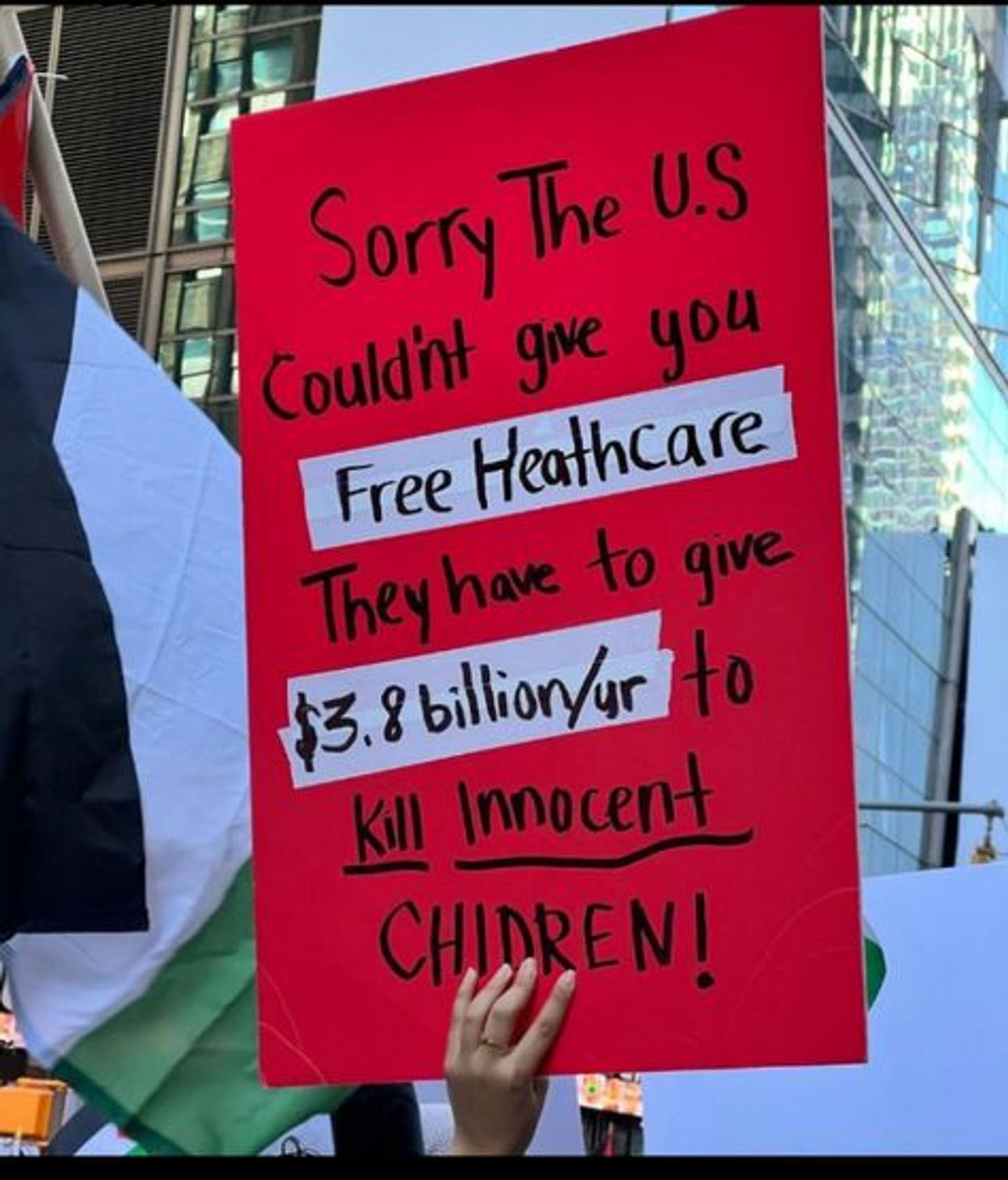 Protest poster which reads: "Sorry the US couldn't give you free healthcare. They have to give $3.8 billion/yr to kill innocent children!"