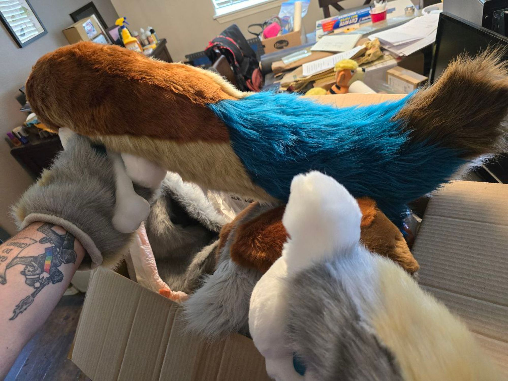 Someone wearing fursuit handpaws showing off the matching tail