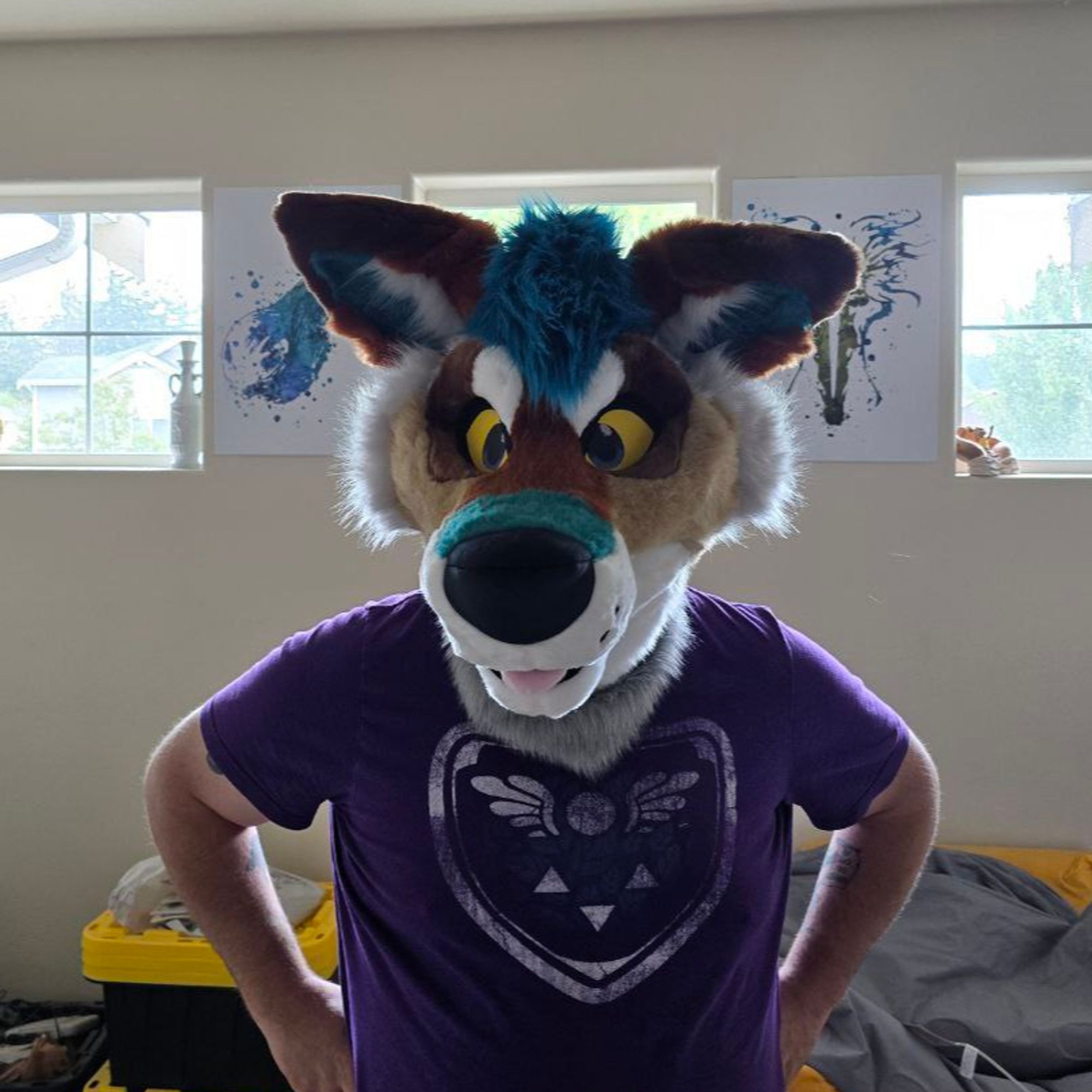 Someone wearing a coyote fursuit head from the maker @madebypaws