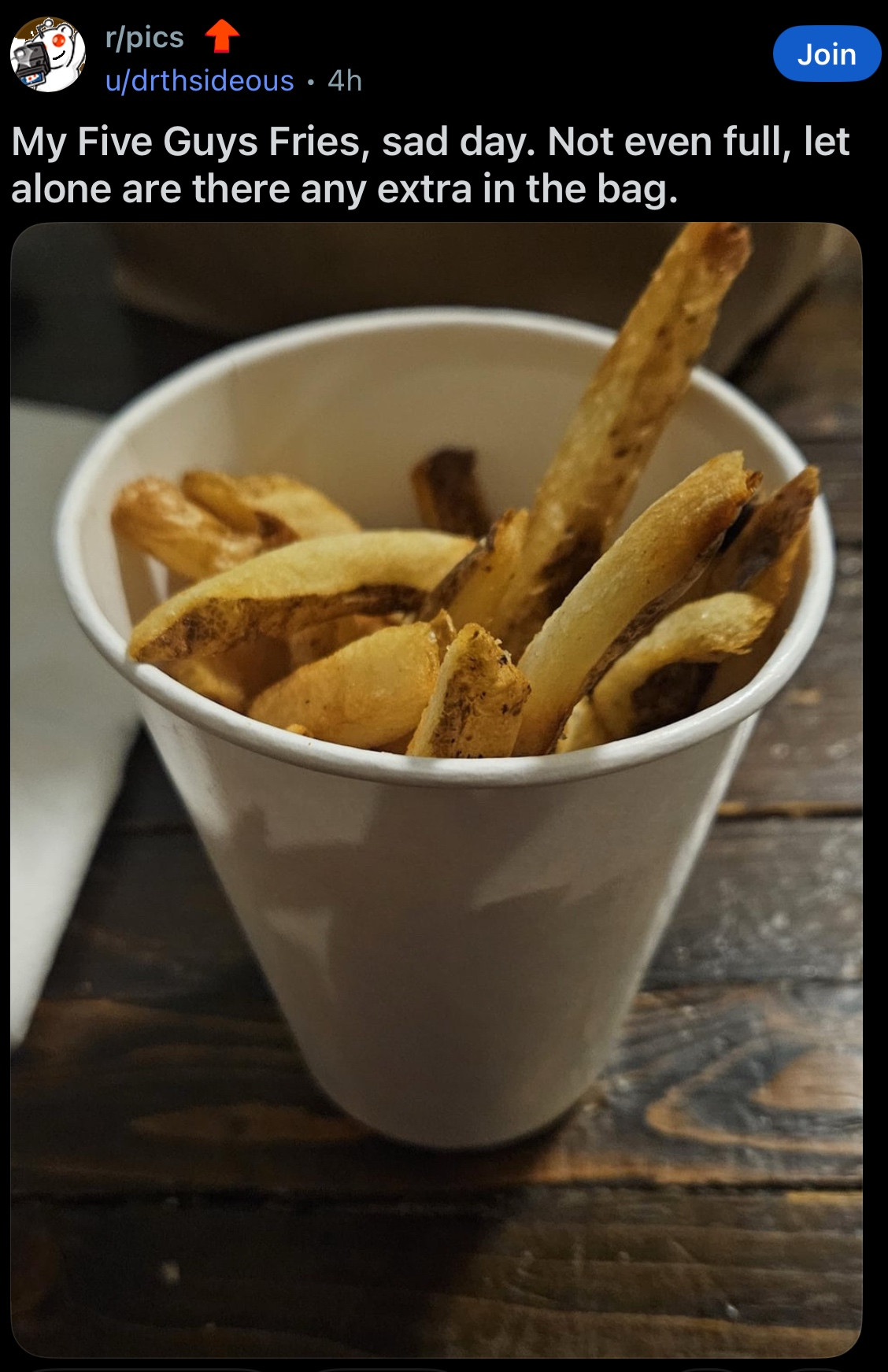 Picture of a cup of fries from five guys with Reddit caption “My Five Guys Fries, sad day. Not even full, let alone are there any extra in the bag.”