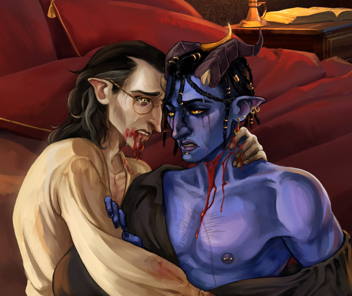 Crop of a digital illustration showing two men - a half-elven dhampir man with pale skin and dark hair, and a tiefling man with blue skin, grey horns and dark dreadlocs. The dhampir has blood on his mouth and a tearful, pained expression, the tiefling has blood pouring from a wound on his neck.