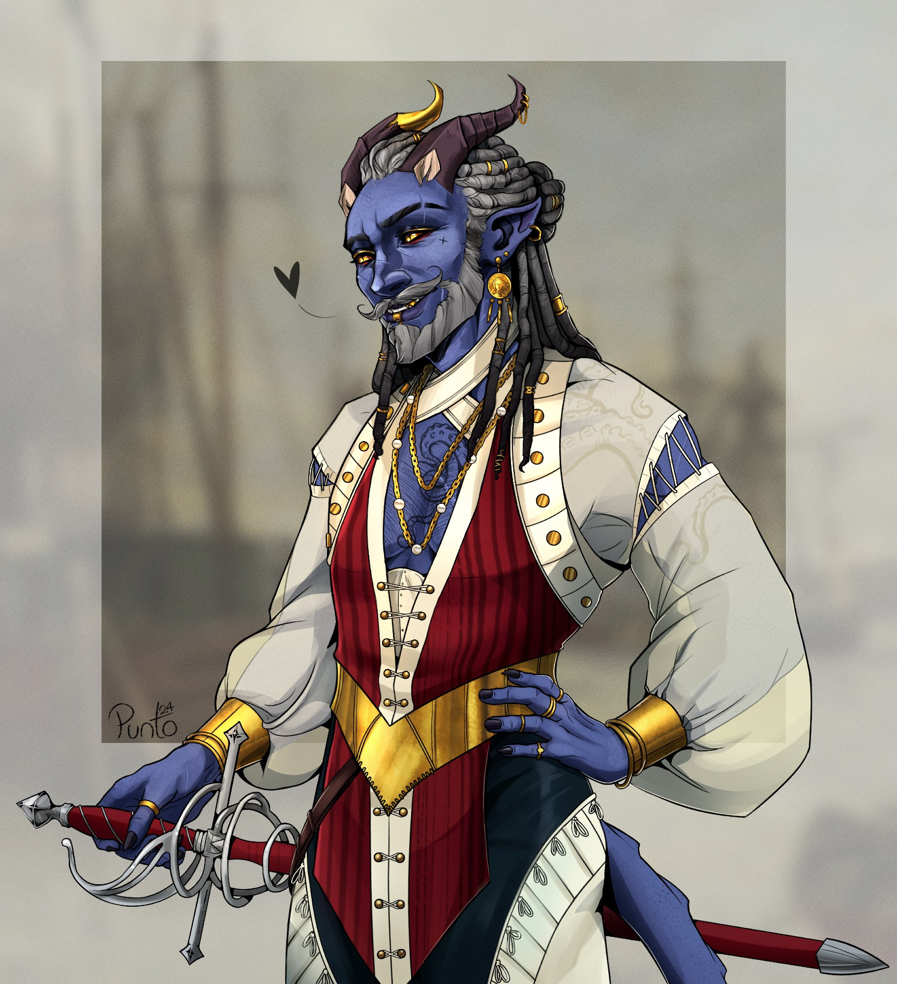 Digital illustration of an older tiefling man with blue skin, long greying dreadlocs and a well-trimmed beard and mustache. He is covered in gold jewellery and carries a rapier on his waist. He is wearing a low-cut red tunic and a translucent white shirt, through which a tattoo of a kraken on his left arm and upper chest is visible.