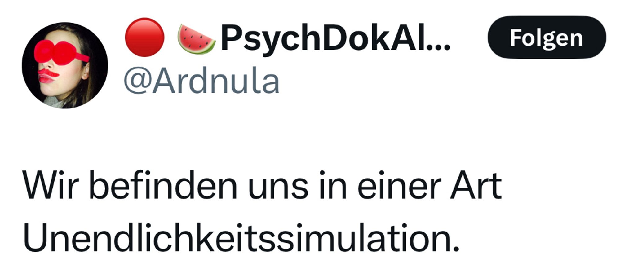 Screenshot von X (23.12.23)
PsychoDocAlundra:
Wir befinden uns in einer Art Unendlichkeitssimulation.