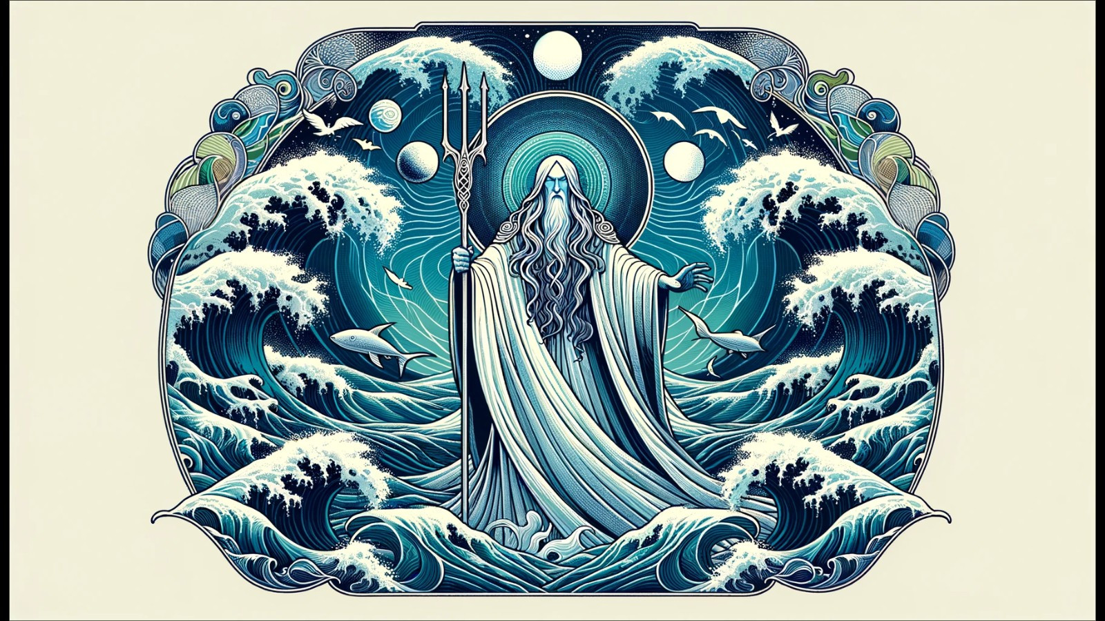 Ulmo, Lord of Waters. He is magical looking, almost shaped by the ocean itself. His cloak merges with the water and he carries a trident.