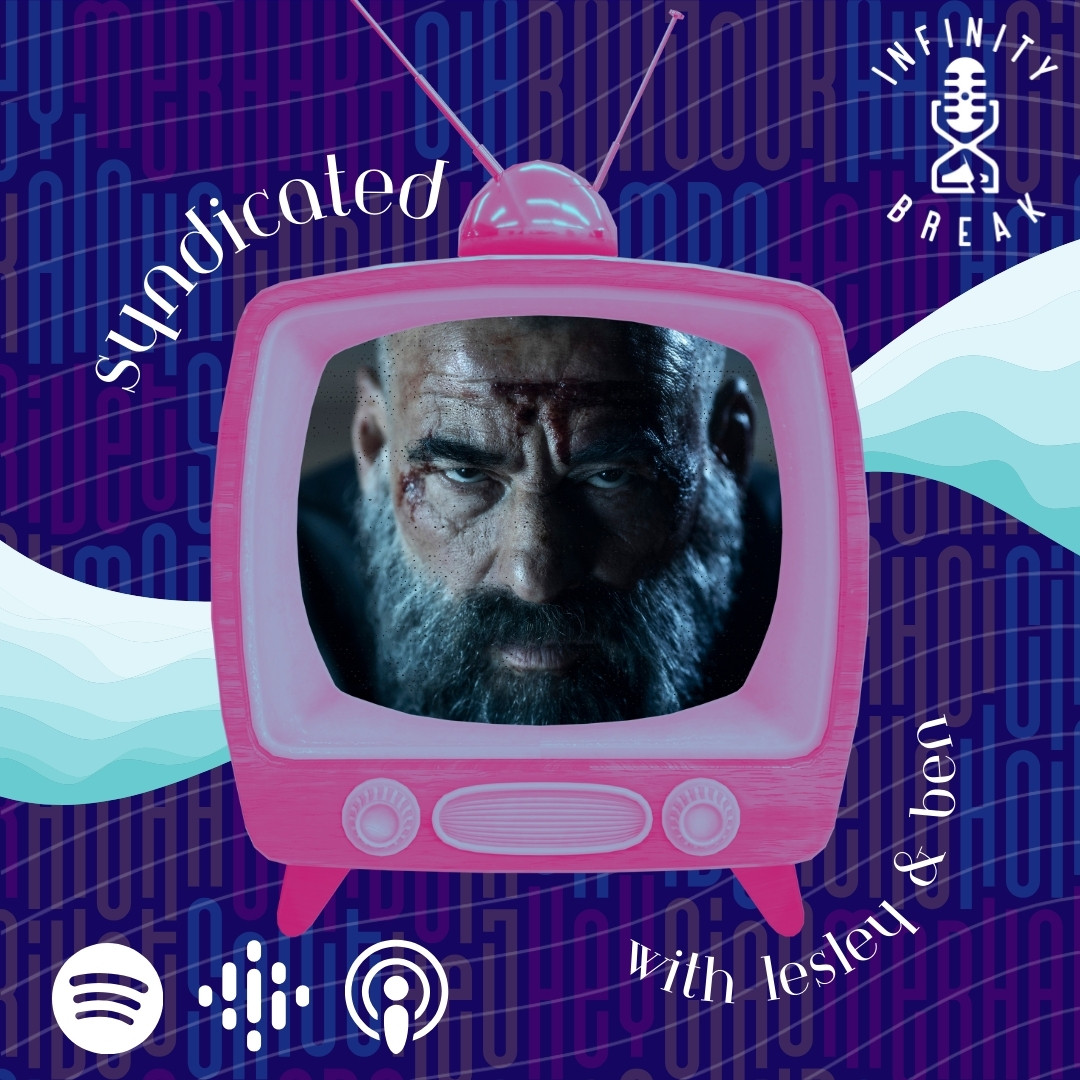 The face of Father Vergara from 30 coins (a bearded man who looks beleaguered) is peering through a cartoon pink tv set. Syndicated with Lesley and Ben is written around the tv.