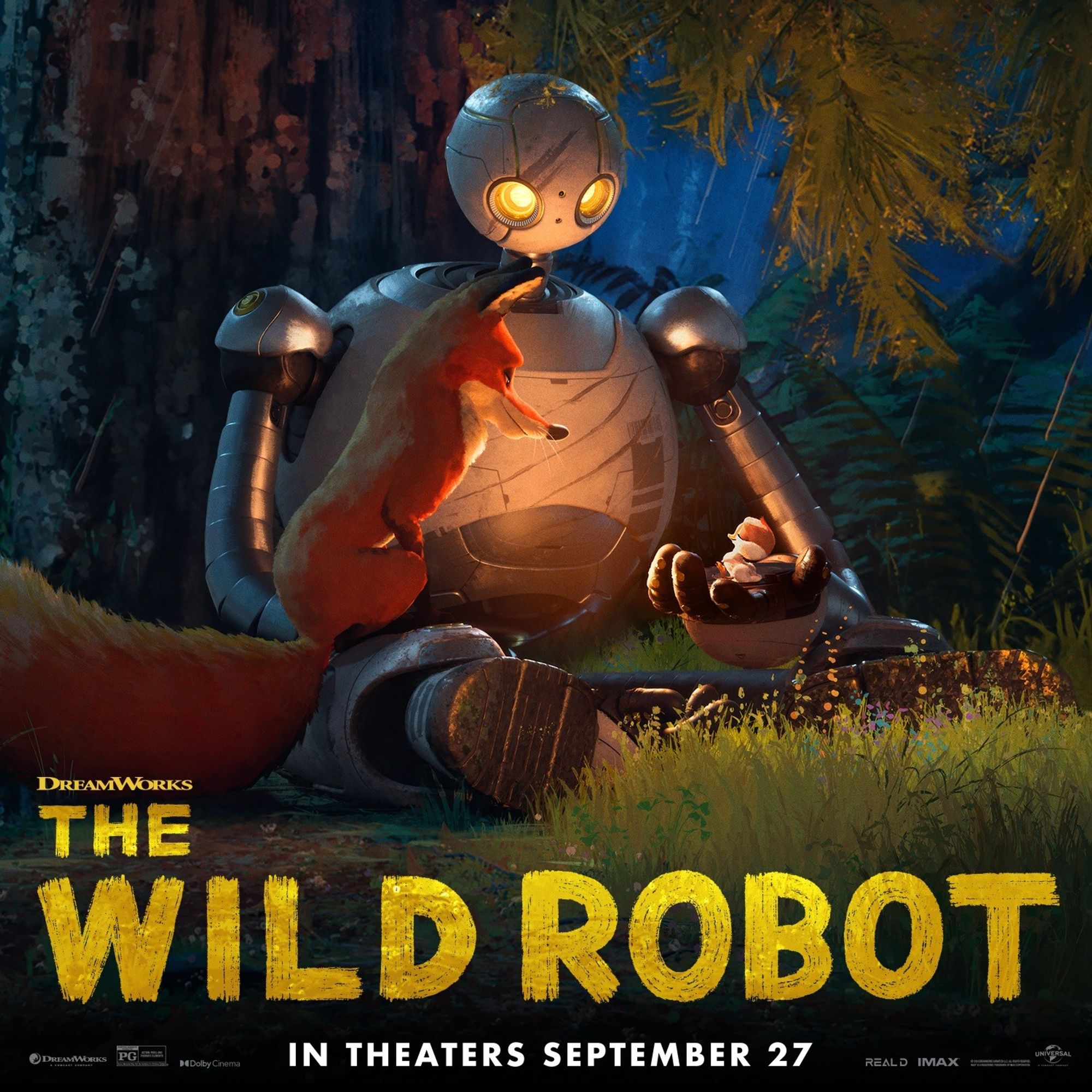 Imagery from the DreamWorks Animation film "The Wild Robot" with text "In theaters September 27".