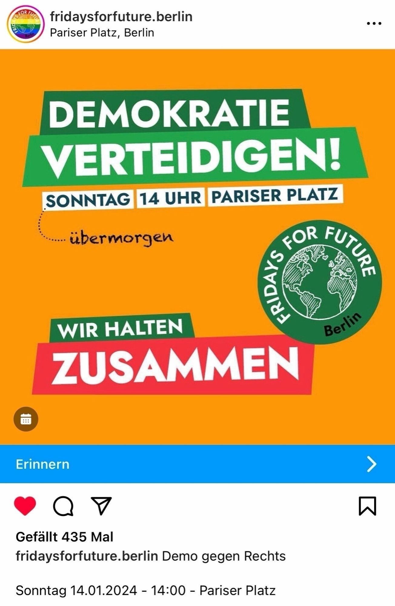 Berlin »Demokratie verteidigen«, Sonntag | 14. Januar | 14 Uhr | am Pariser Platz #WirHaltenZusammen #FFF