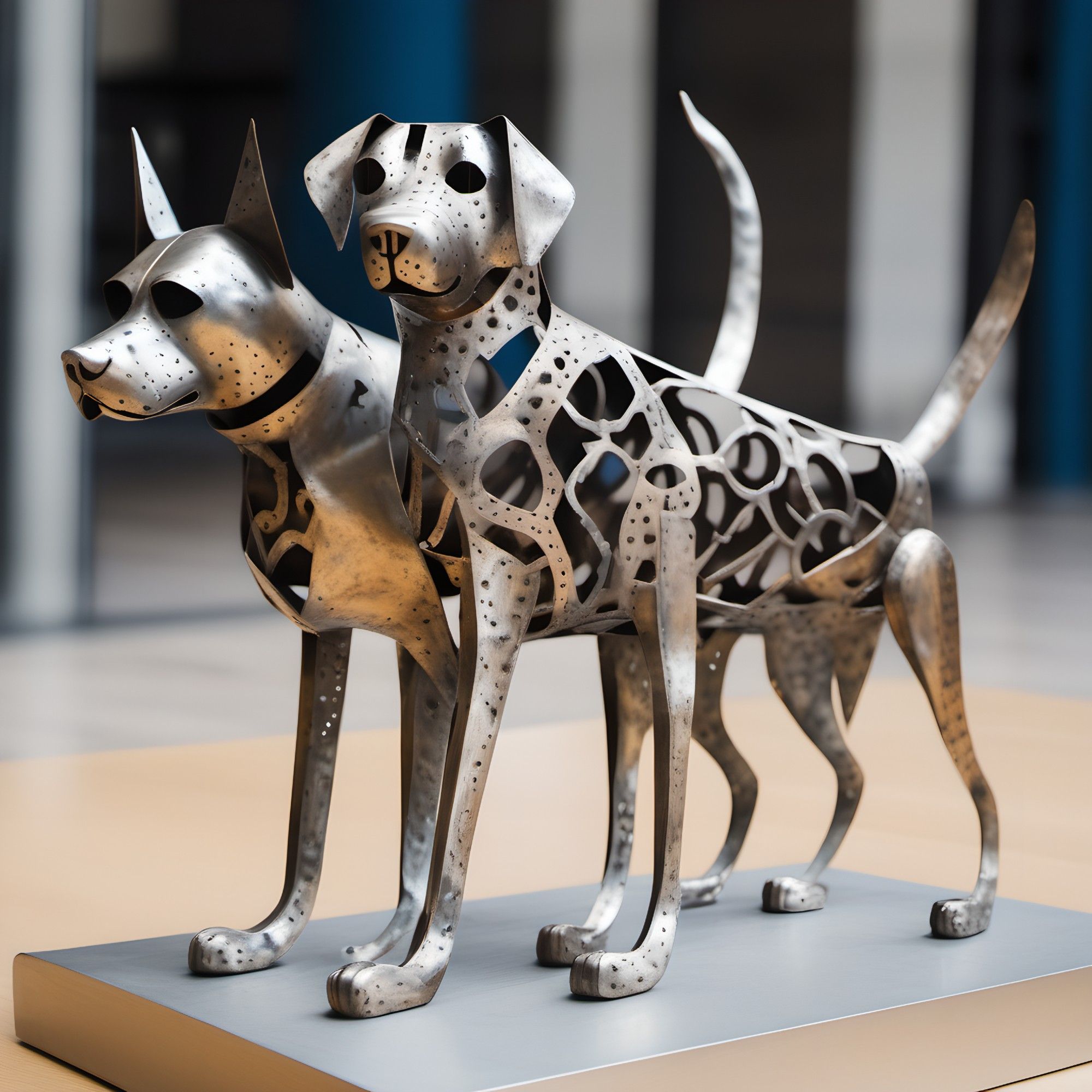 Metal sculpture of two dogs