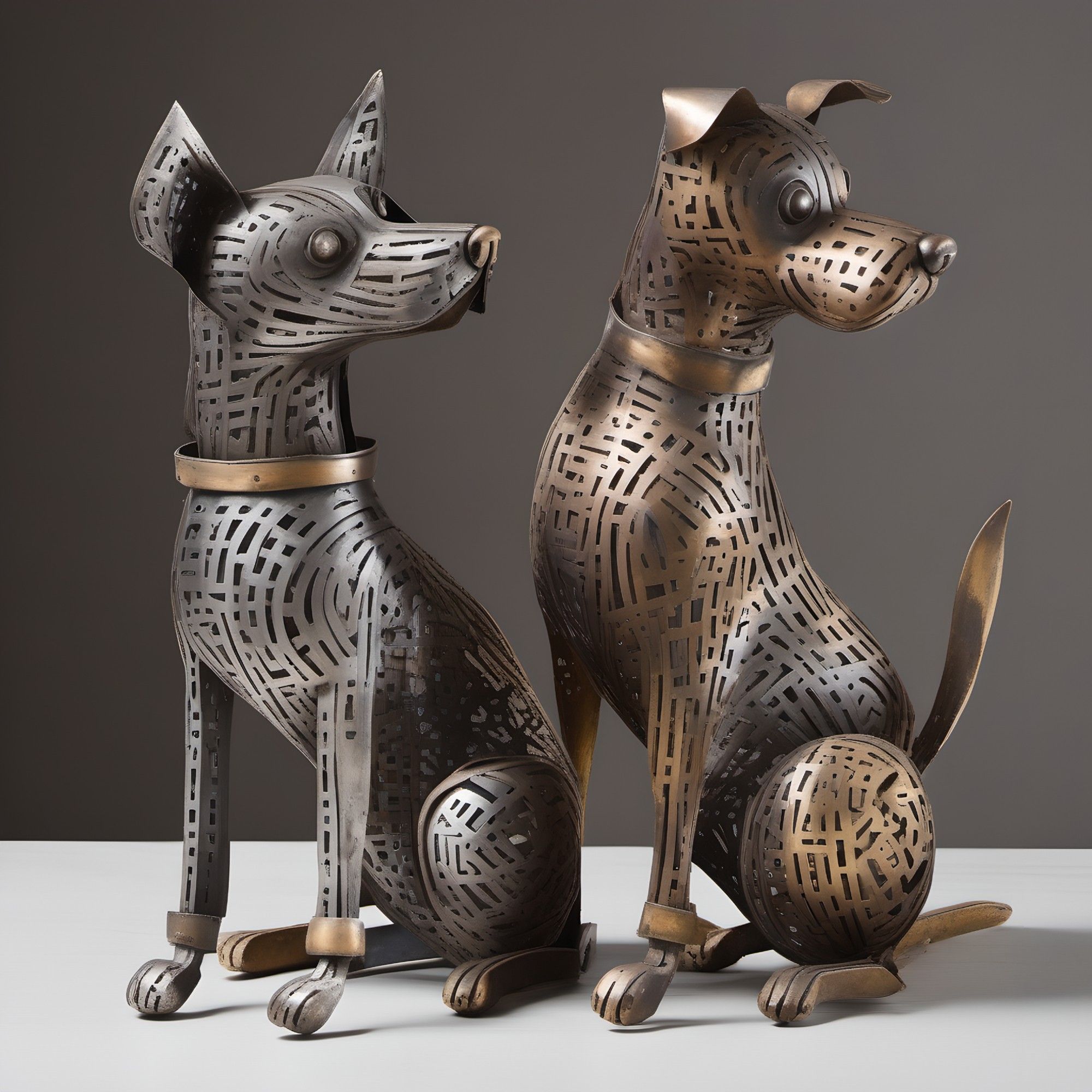 Metal sculpture of two dogs