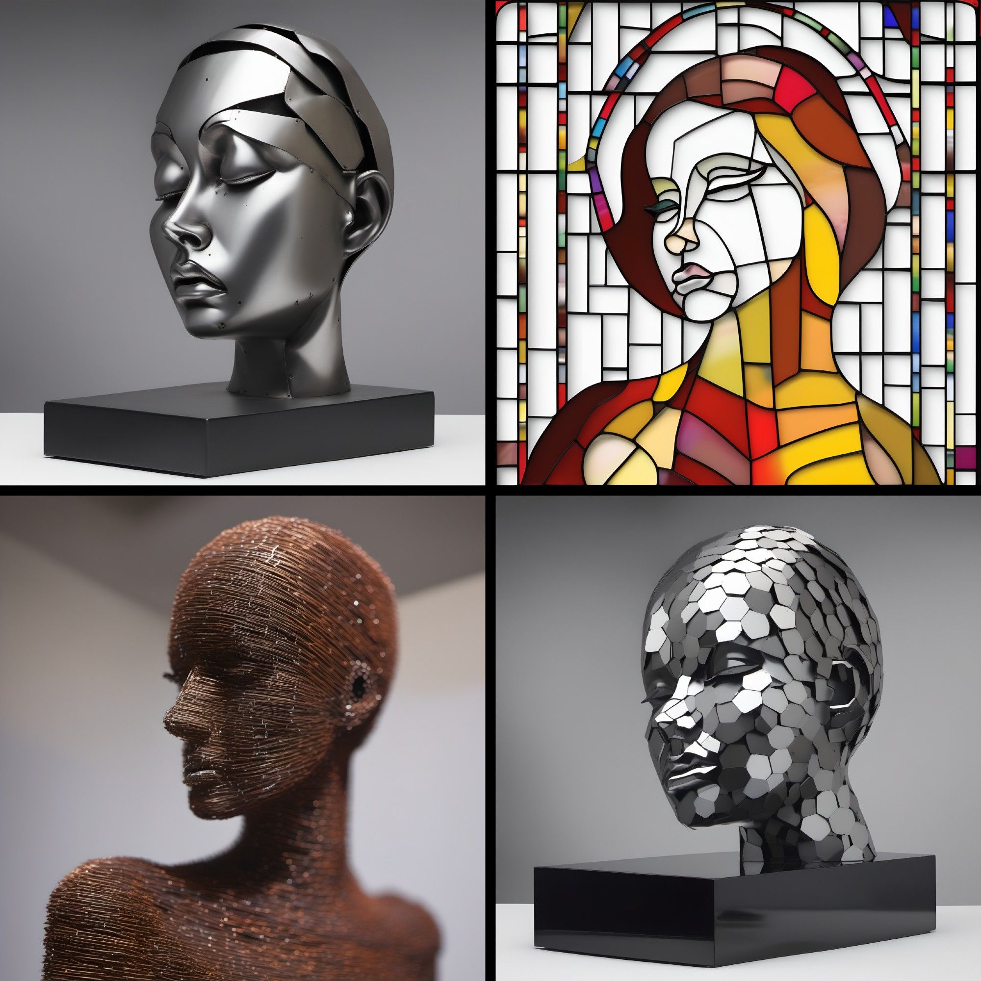 Arrangement of four AI-generated images showing sculptures made of different materials.